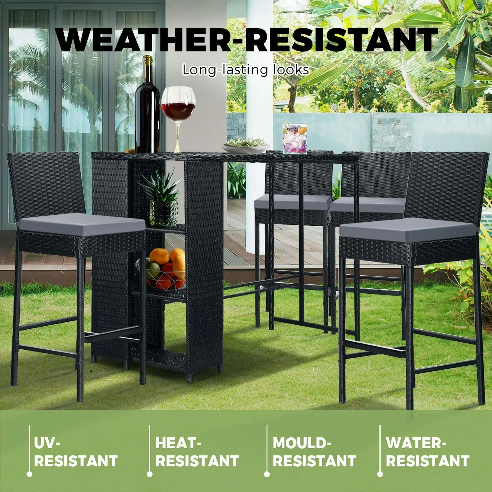 Livsip Outdoor Dining Set Patio Furniture Rattan Bar Table Chairs Bar Stools Set