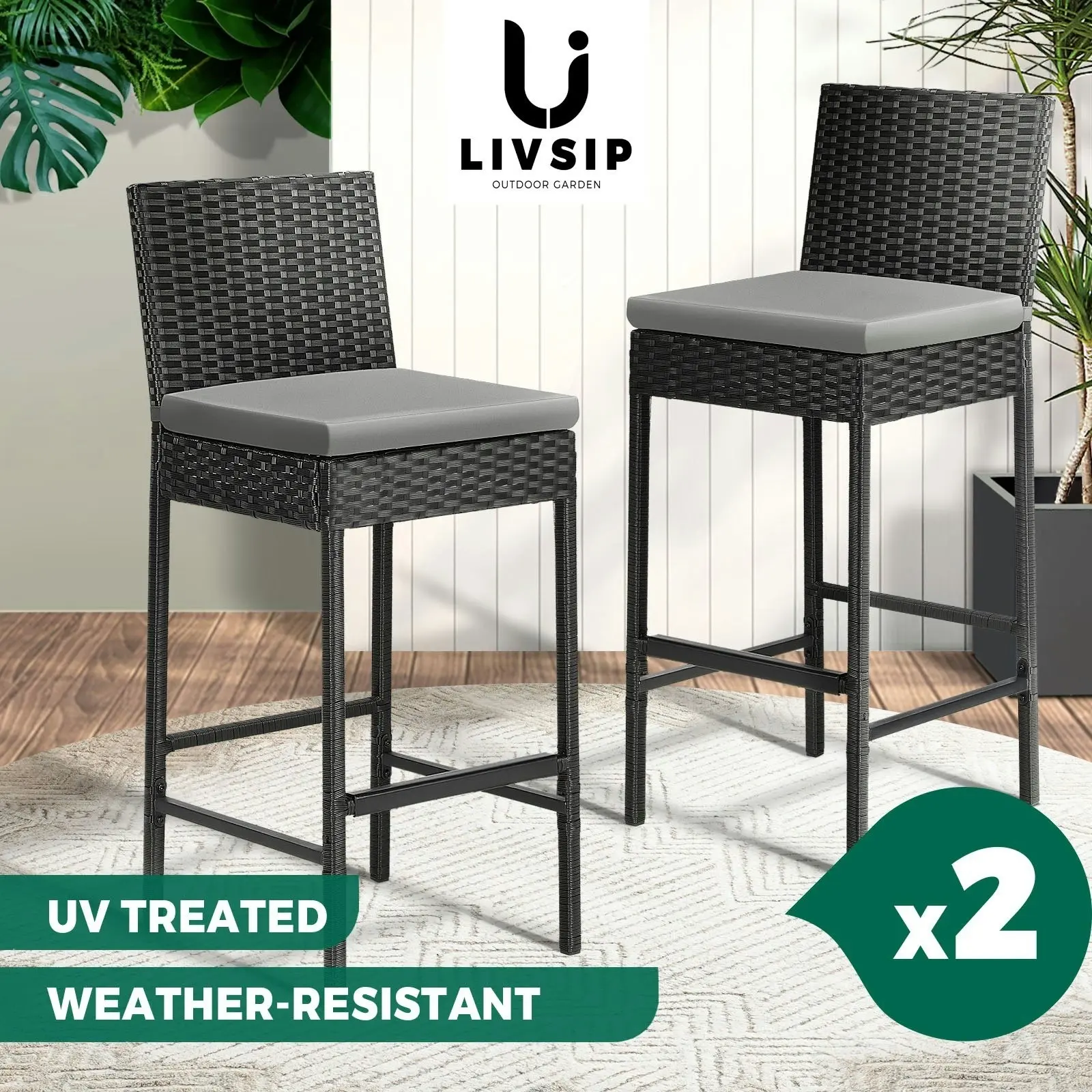 Livsip Outdoor Rattan Bar Stools Patio Dinning Chairs Cafe Garden Furniture 2X