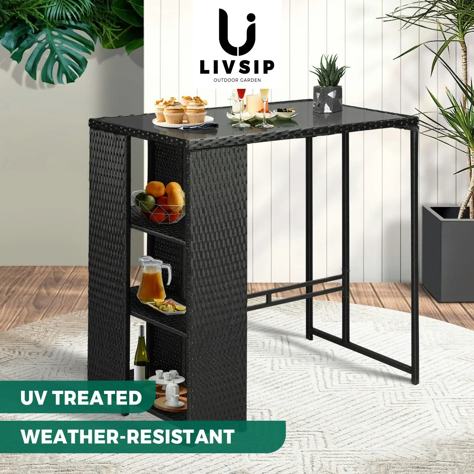 Livsip Rattan Outdoor Bar Table Furniture Cafe Table Patio Setting Dinning Table