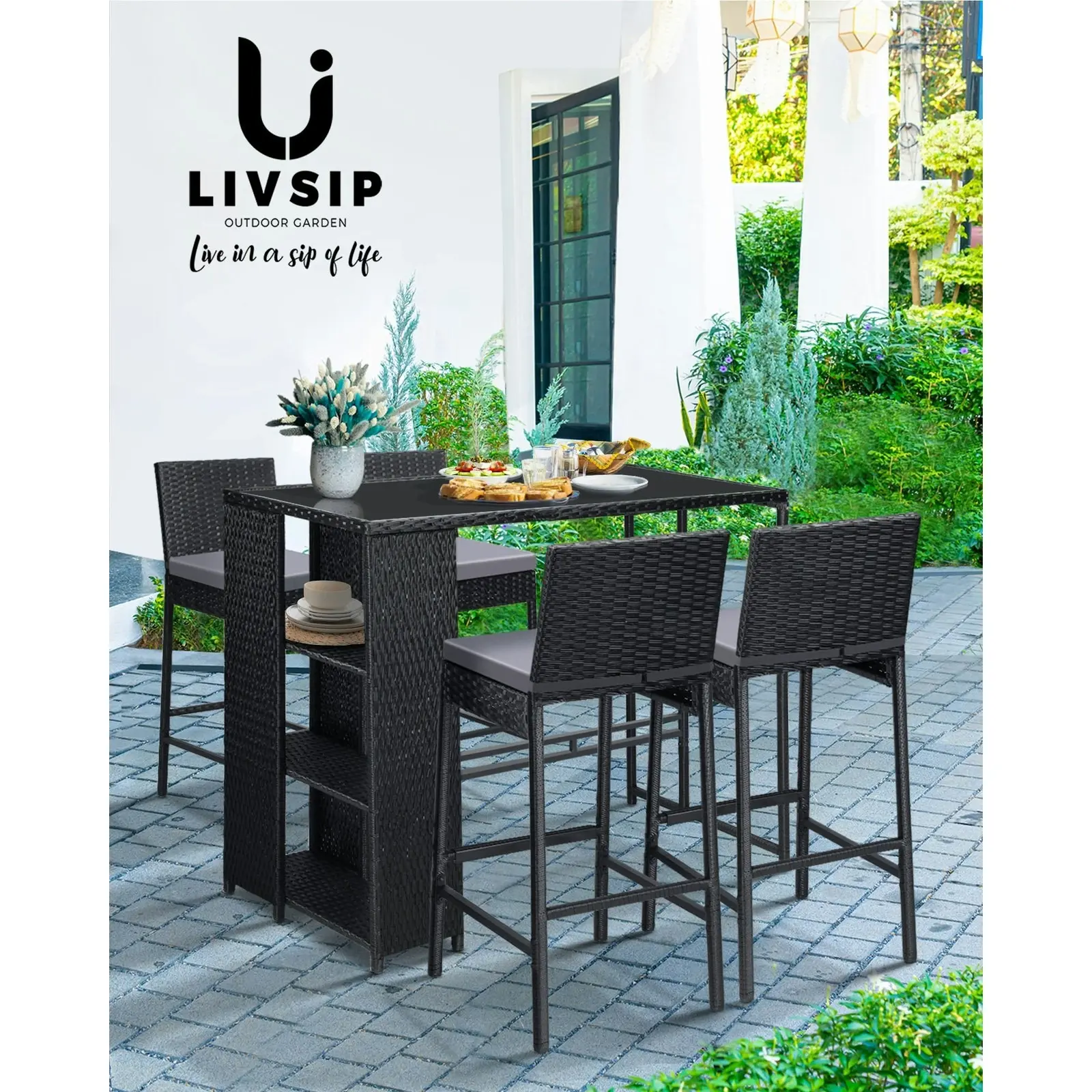 Livsip Rattan Outdoor Bar Table Furniture Cafe Table Patio Setting Dinning Table