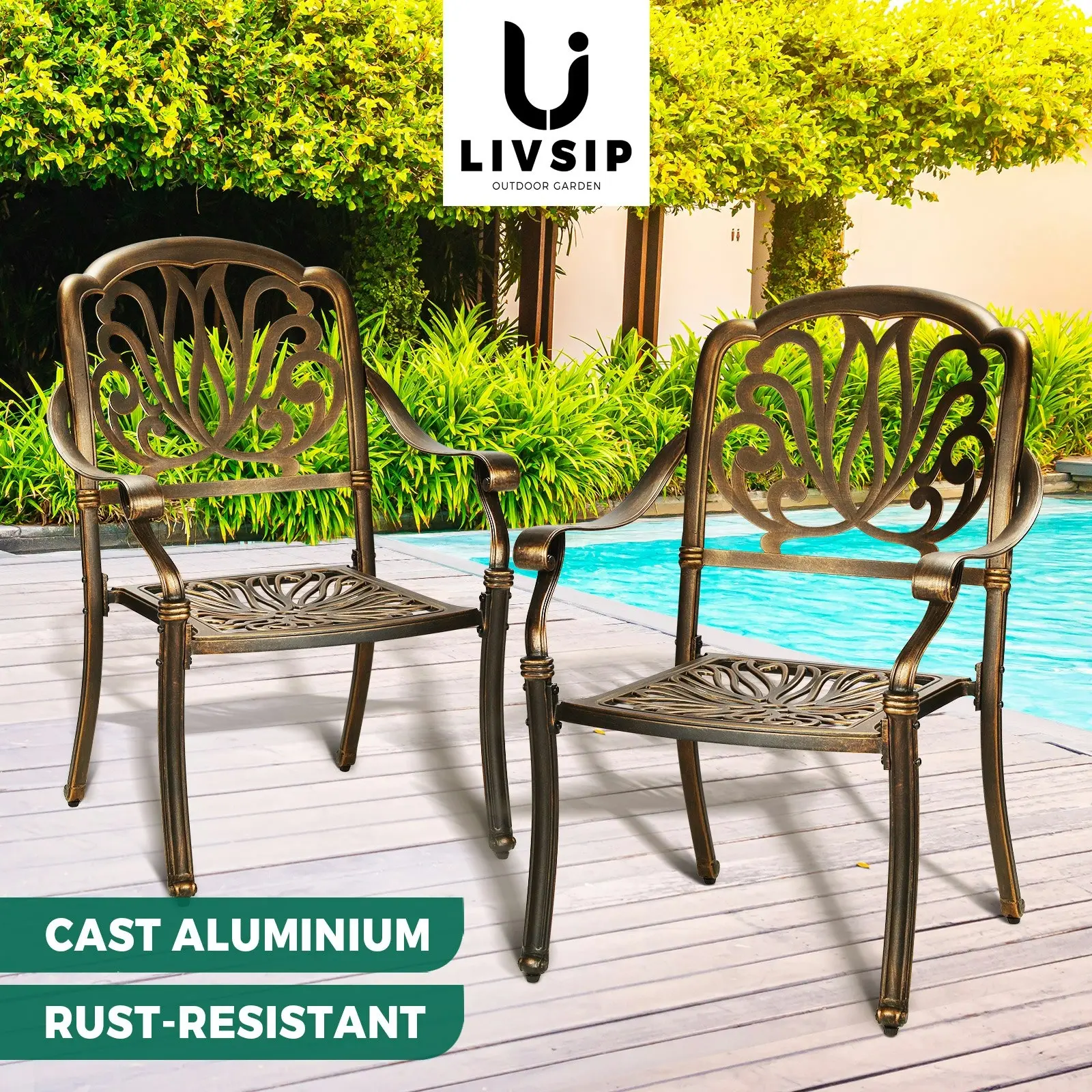 Livsip Outdoor Dining Chairs Cast Aluminium Patio Garden Furniture Set of 2