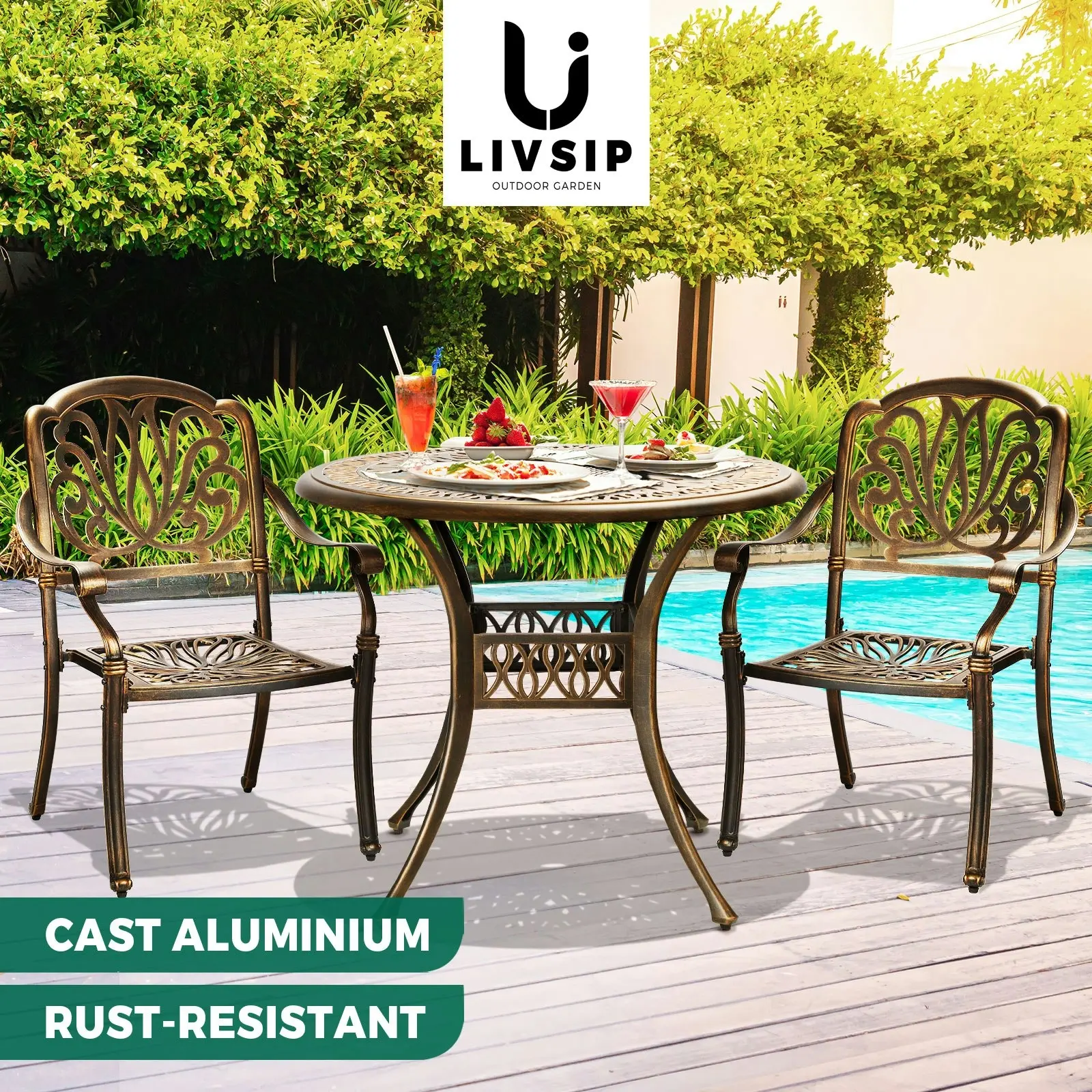 Livsip Outdoor Dining Chairs 3 Piece Bistro Set Cast Aluminium Patio Furniture