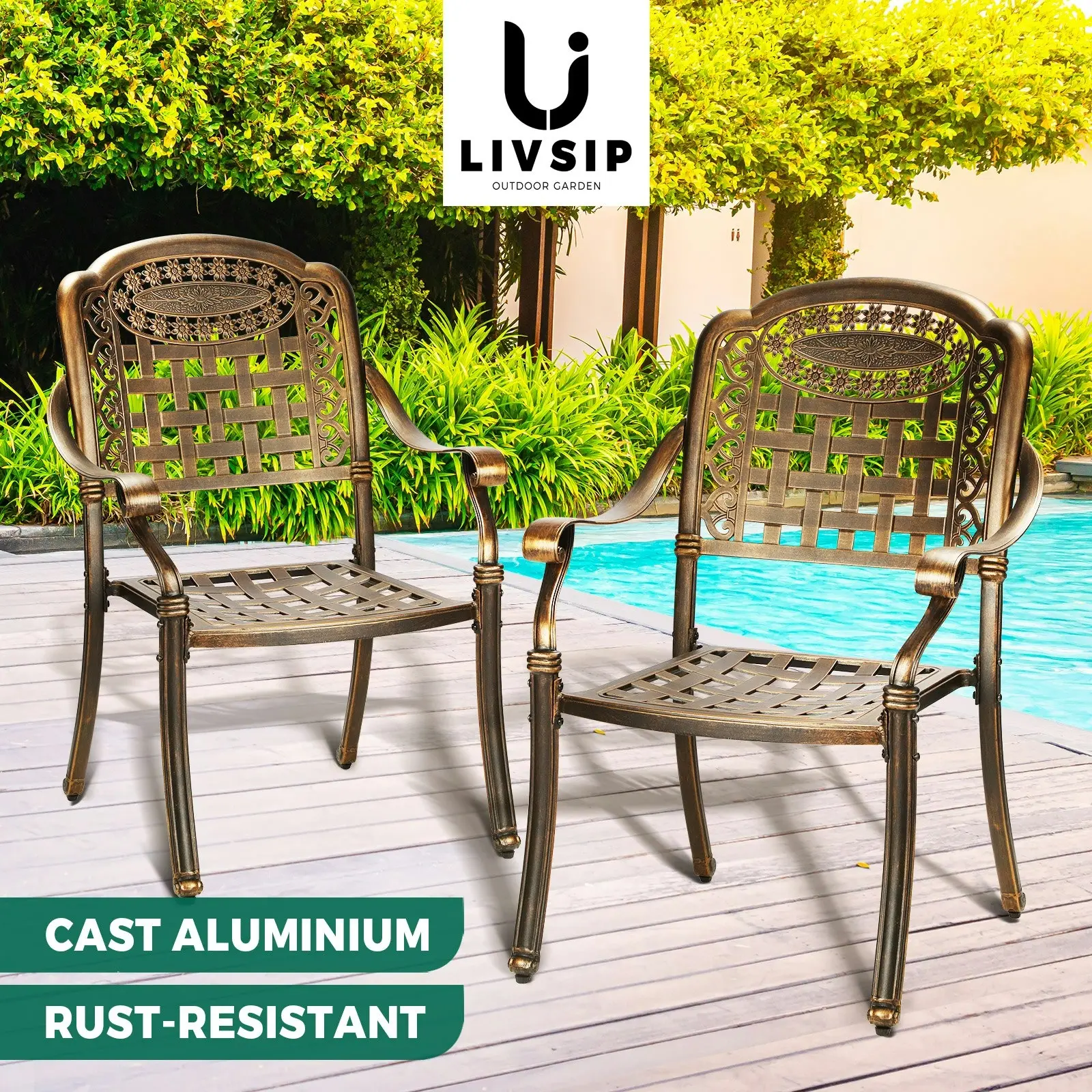 Livsip Outdoor Furniture Dining Chairs Cast Aluminium Garden Patio Chairs x2