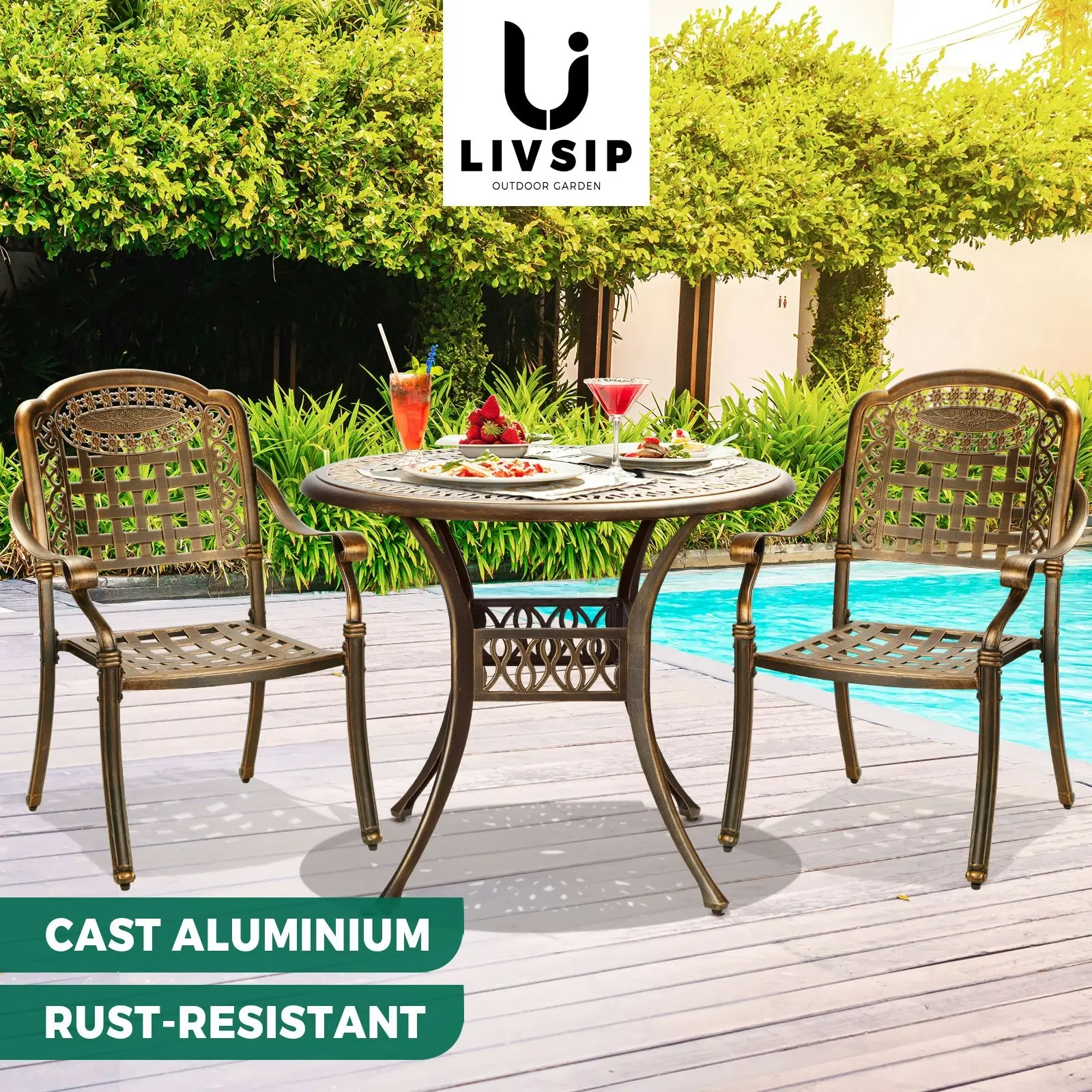 Livsip 3 Piece Outdoor Dining Chairs Bistro Set Cast Aluminium Patio Furniture