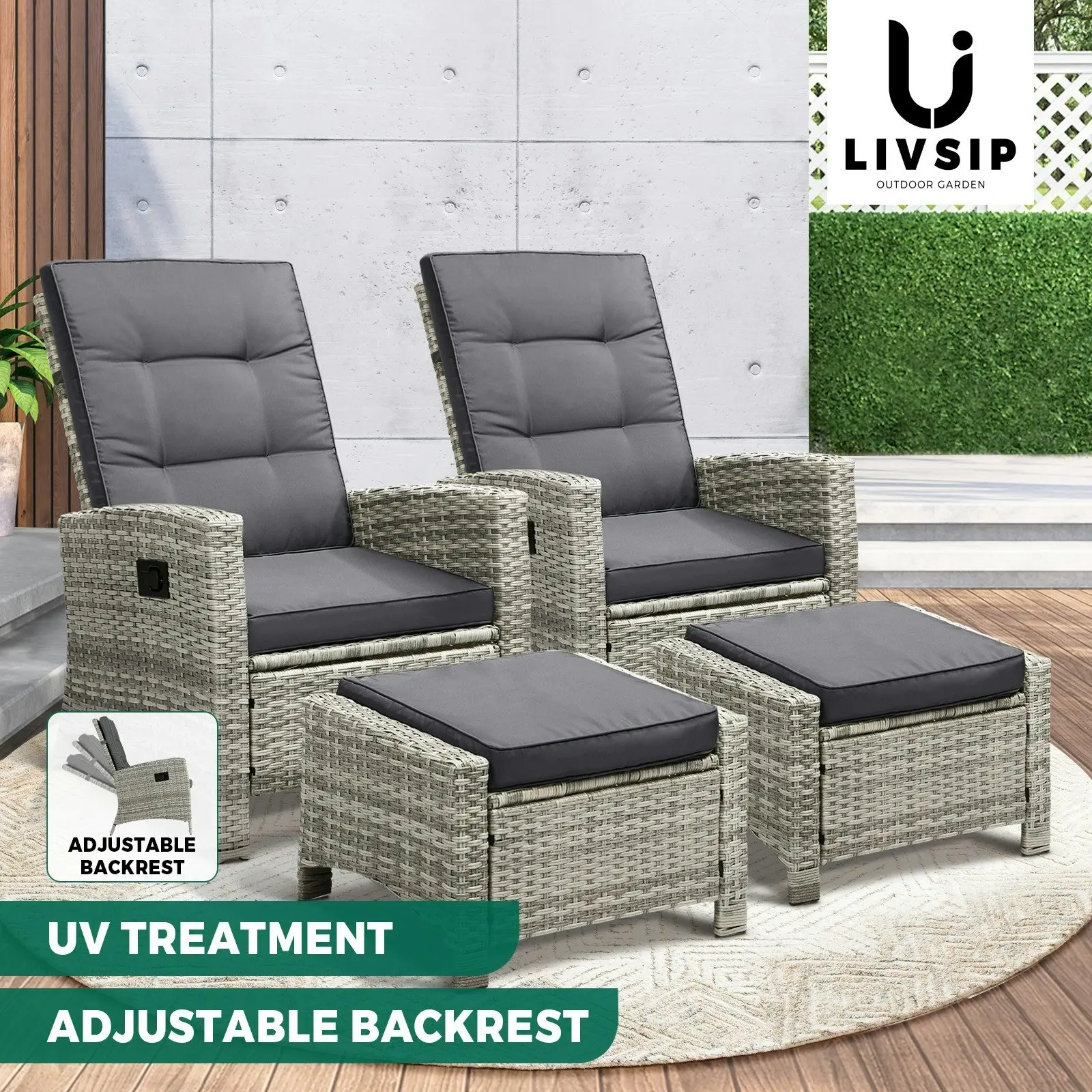 Livsip Recliner Chairs Outdoor Sun Lounger Setting Wicker Sofa Patio Furniture