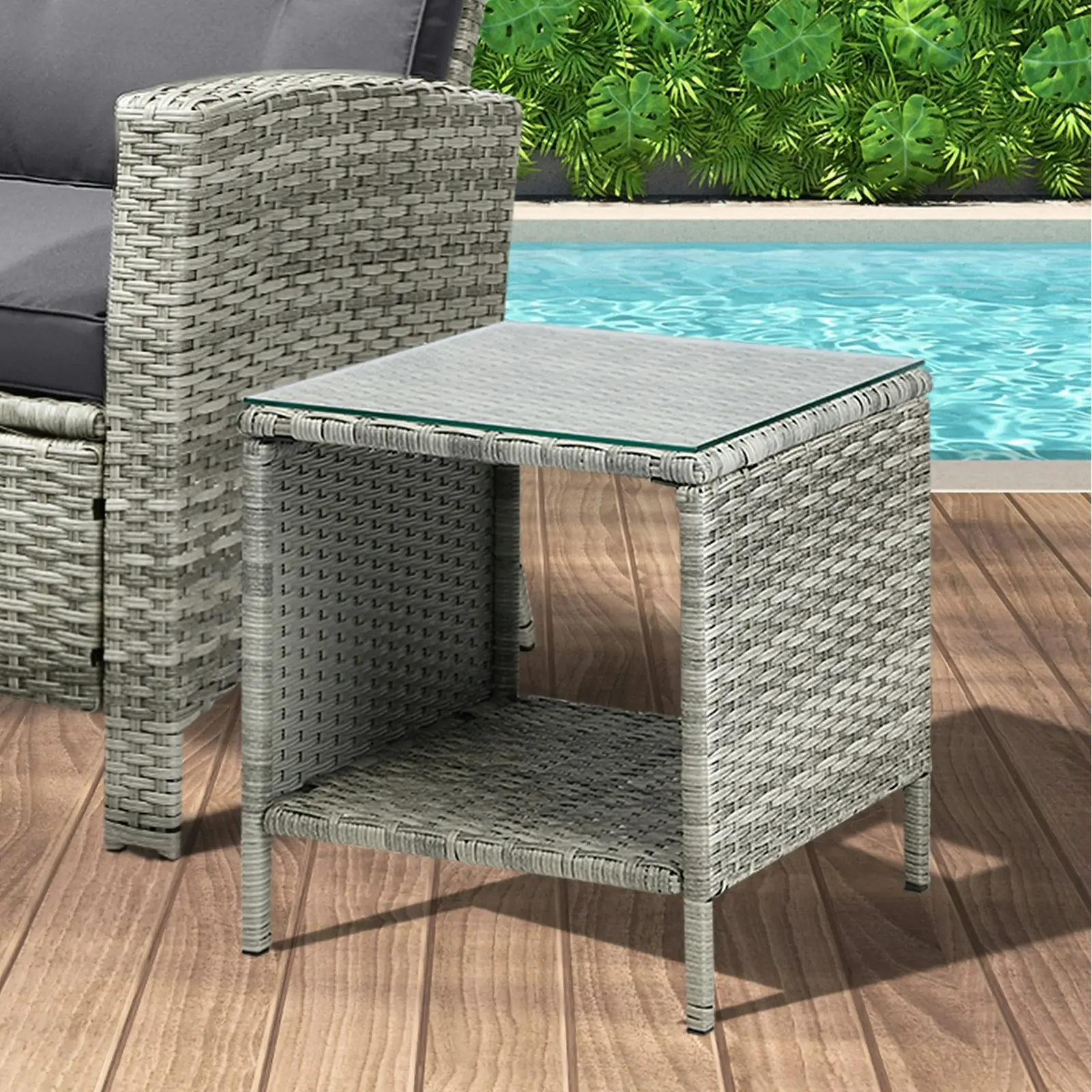 Livsip Rattan Side Table Outdoor Furniture Coffee Patio Desk Indoor Garden Decor