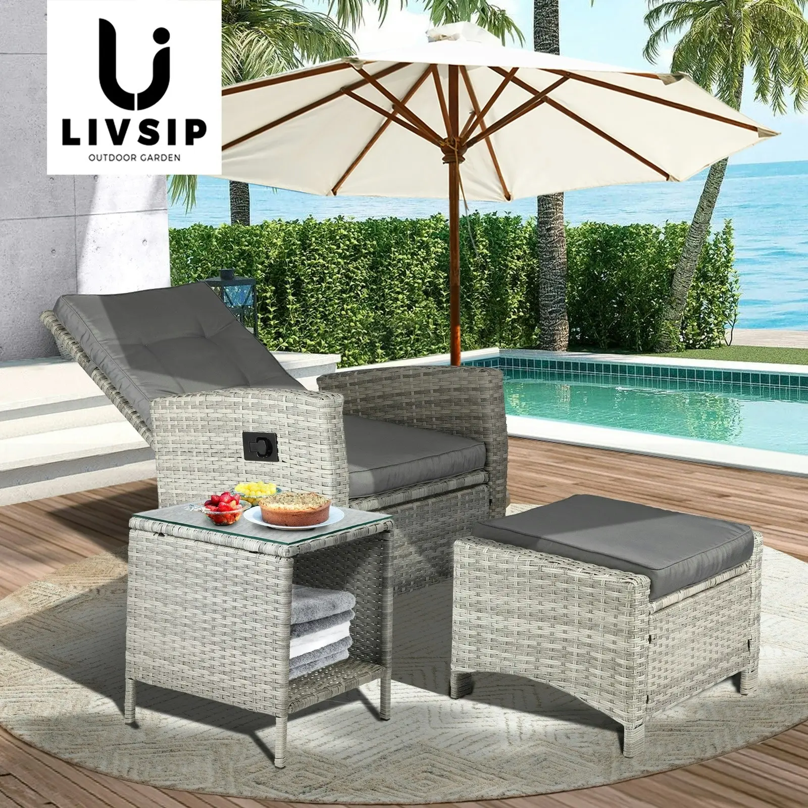 Livsip Rattan Side Table Outdoor Furniture Coffee Patio Desk Indoor Garden Decor