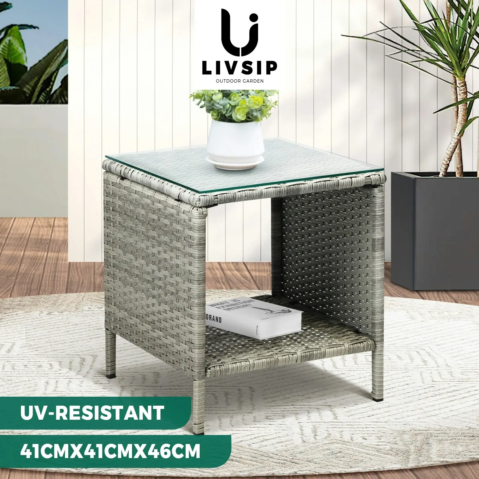 Livsip Rattan Side Table Outdoor Furniture Coffee Patio Desk Indoor Garden Decor