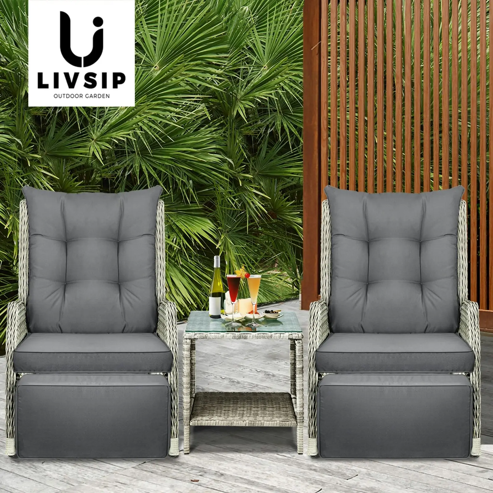 Livsip Outdoor Recliners Sun Lounger & Table Outdoor Patio Furniture Set of 3