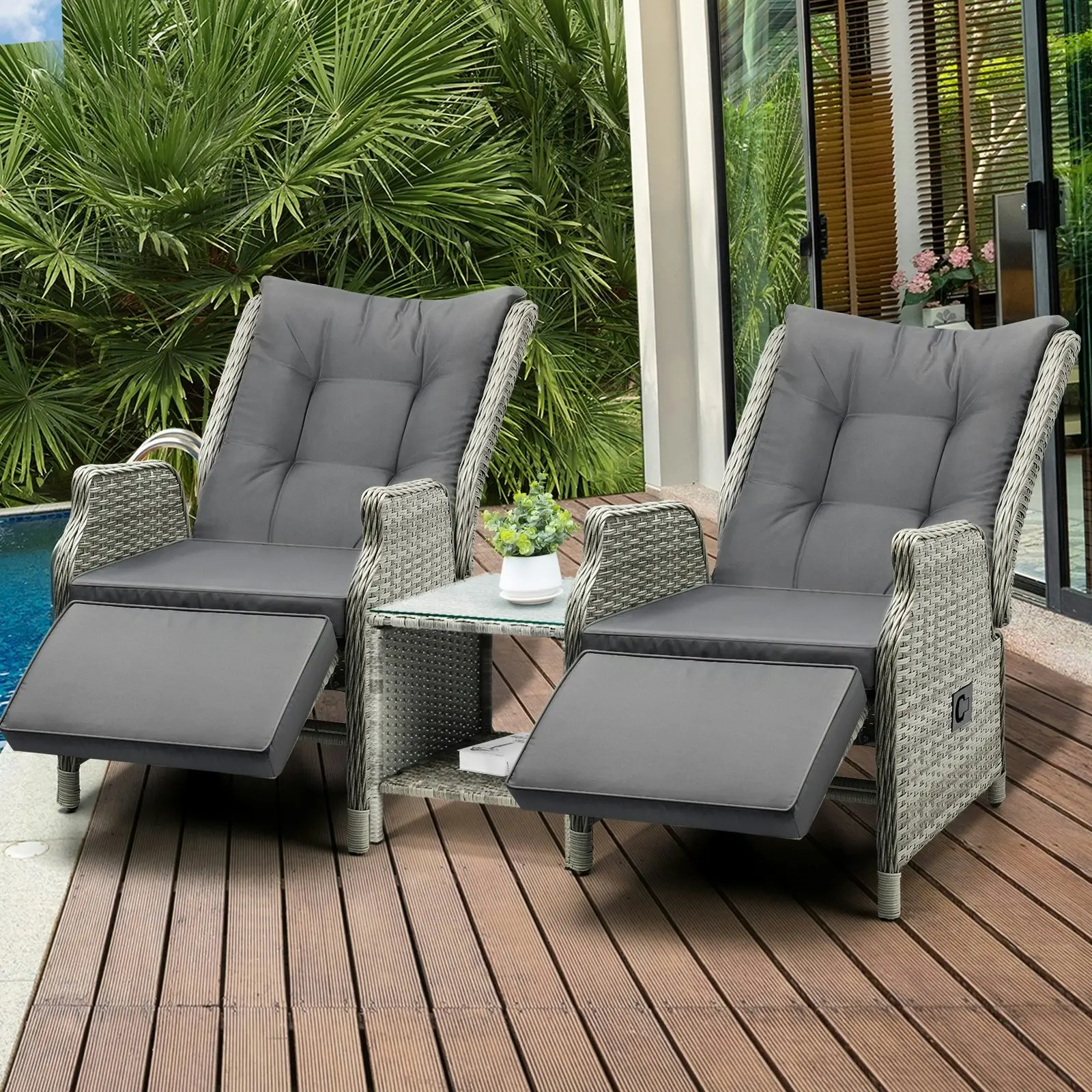 Livsip Outdoor Recliners Sun Lounger & Table Outdoor Patio Furniture Set of 3