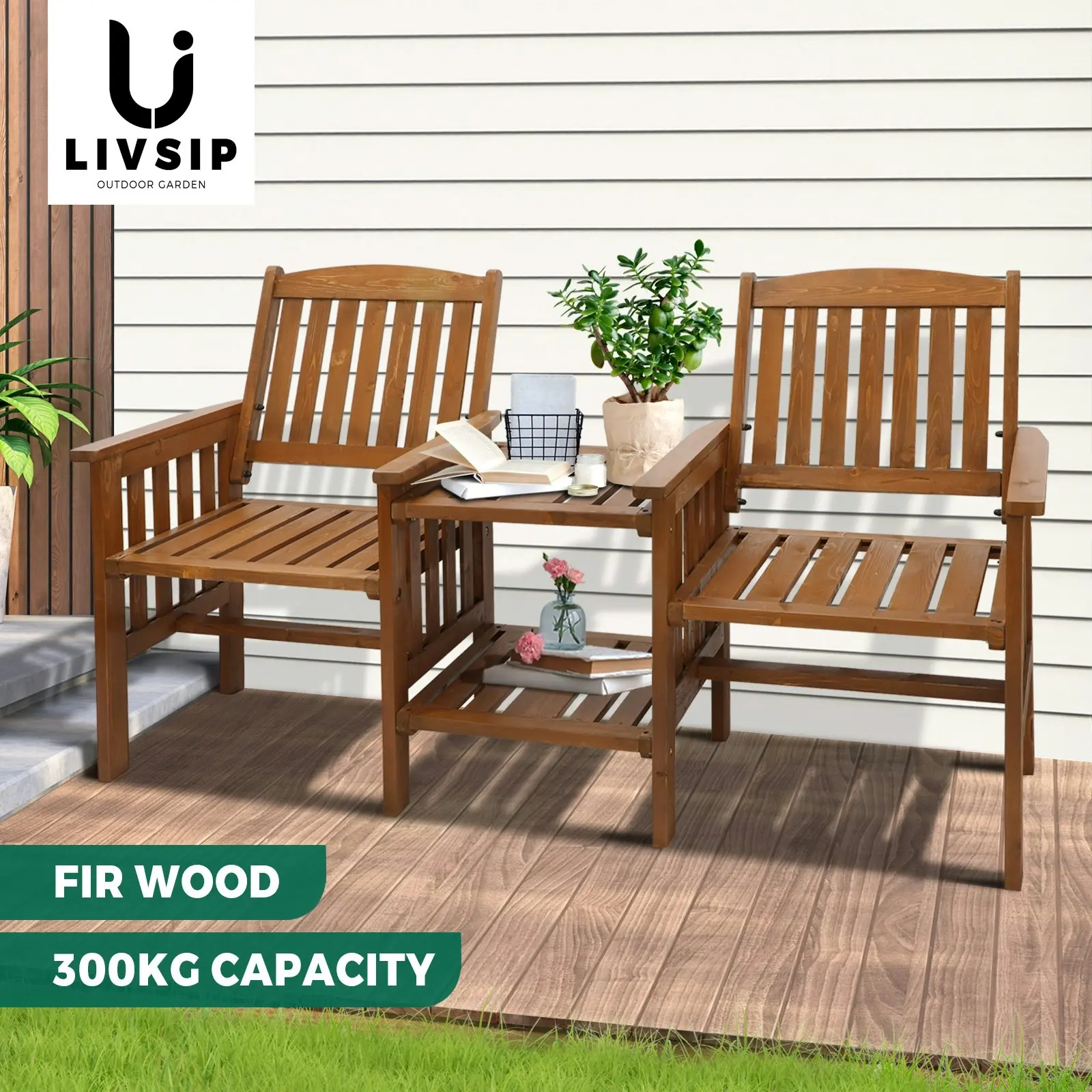 Livsip Wooden Garden Bench Chair & Table Loveseat Outdoor Furniture Patio