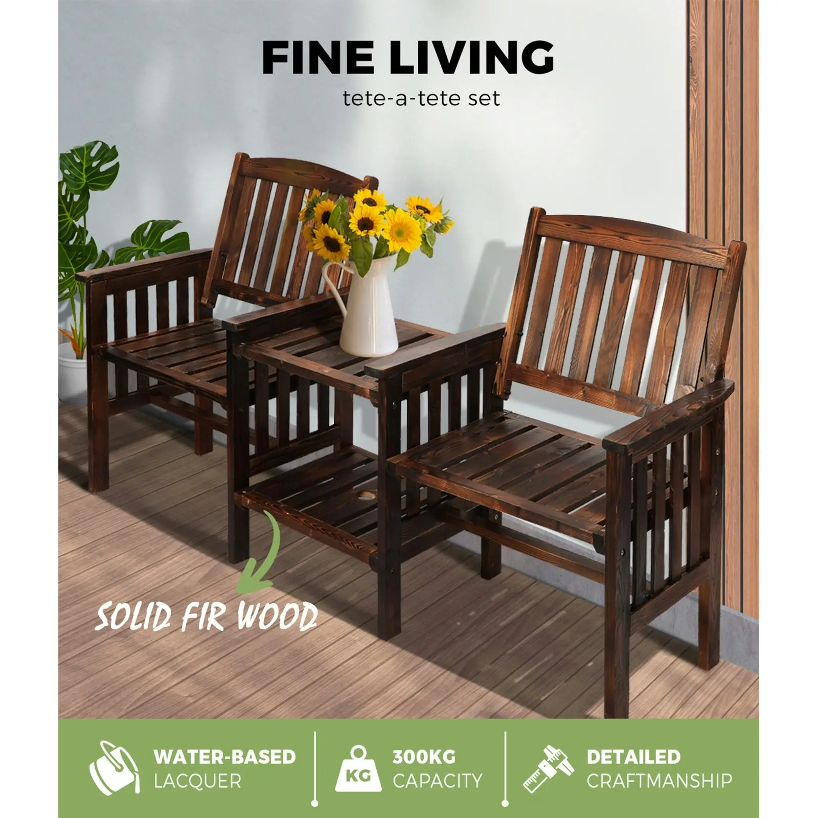 Livsip Outdoor Wooden Chair Garden Bench 2 Seat & Table Loveseat Patio Furniture