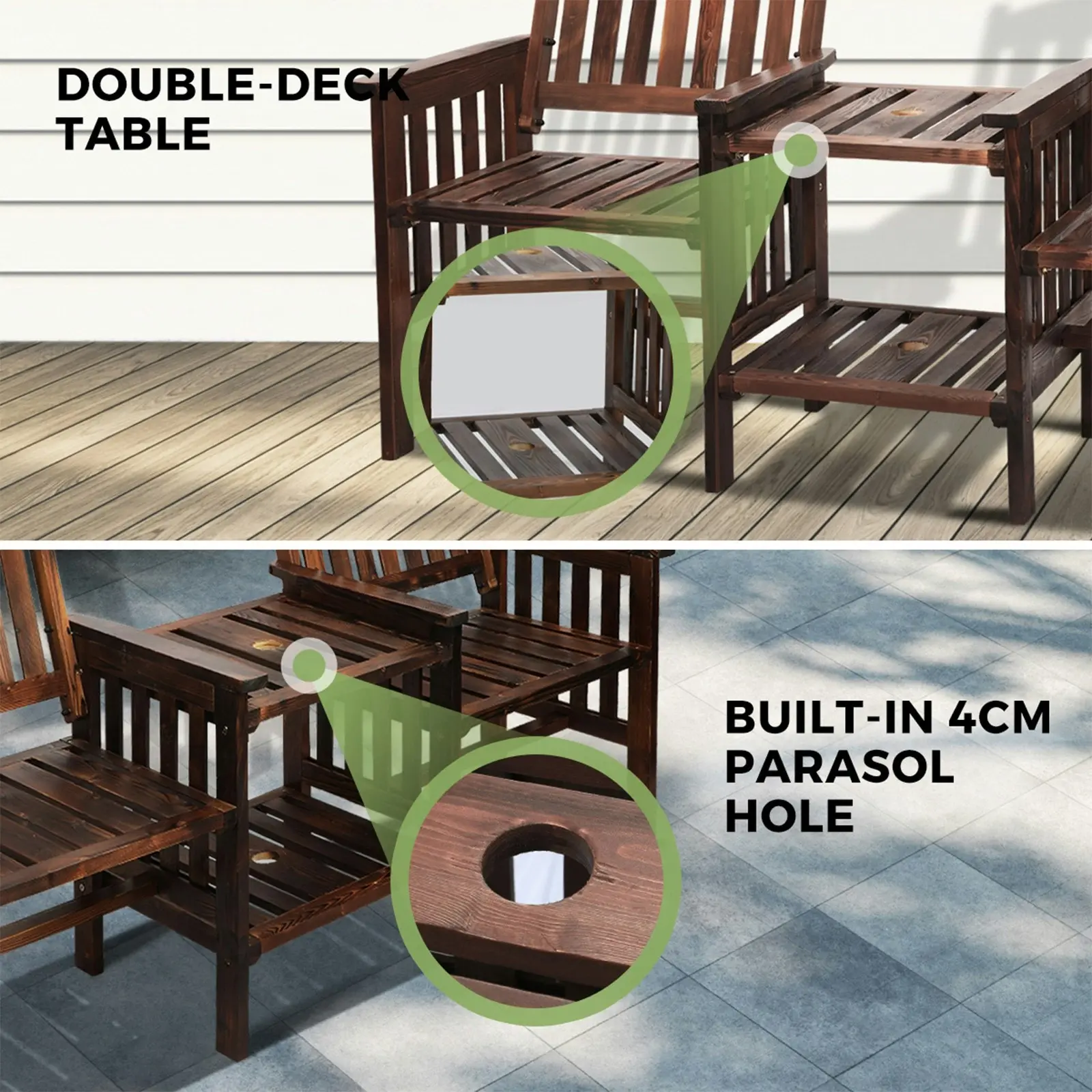 Livsip Outdoor Wooden Chair Garden Bench 2 Seat & Table Loveseat Patio Furniture