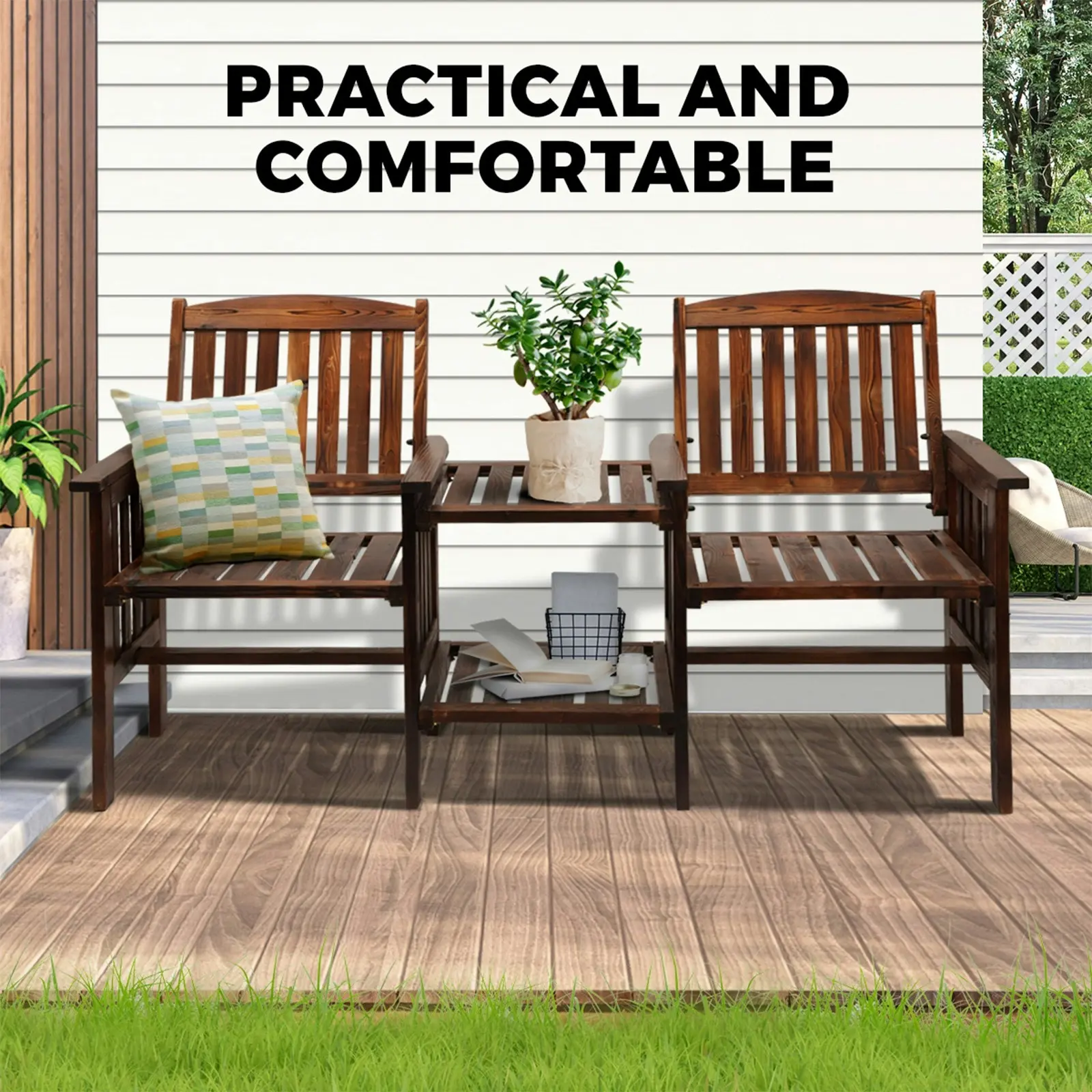 Livsip Outdoor Wooden Chair Garden Bench 2 Seat & Table Loveseat Patio Furniture