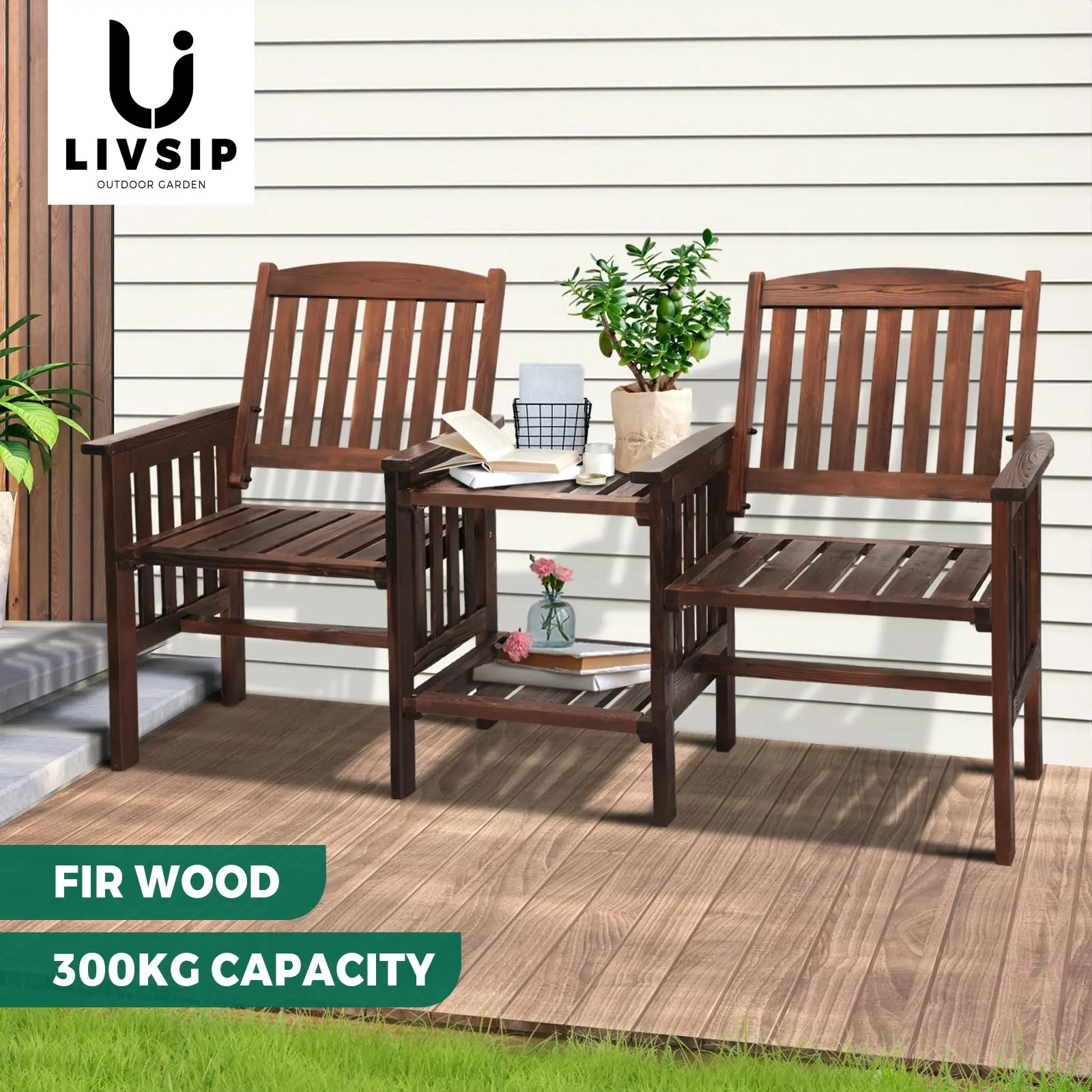 Livsip Outdoor Wooden Chair Garden Bench 2 Seat & Table Loveseat Patio Furniture