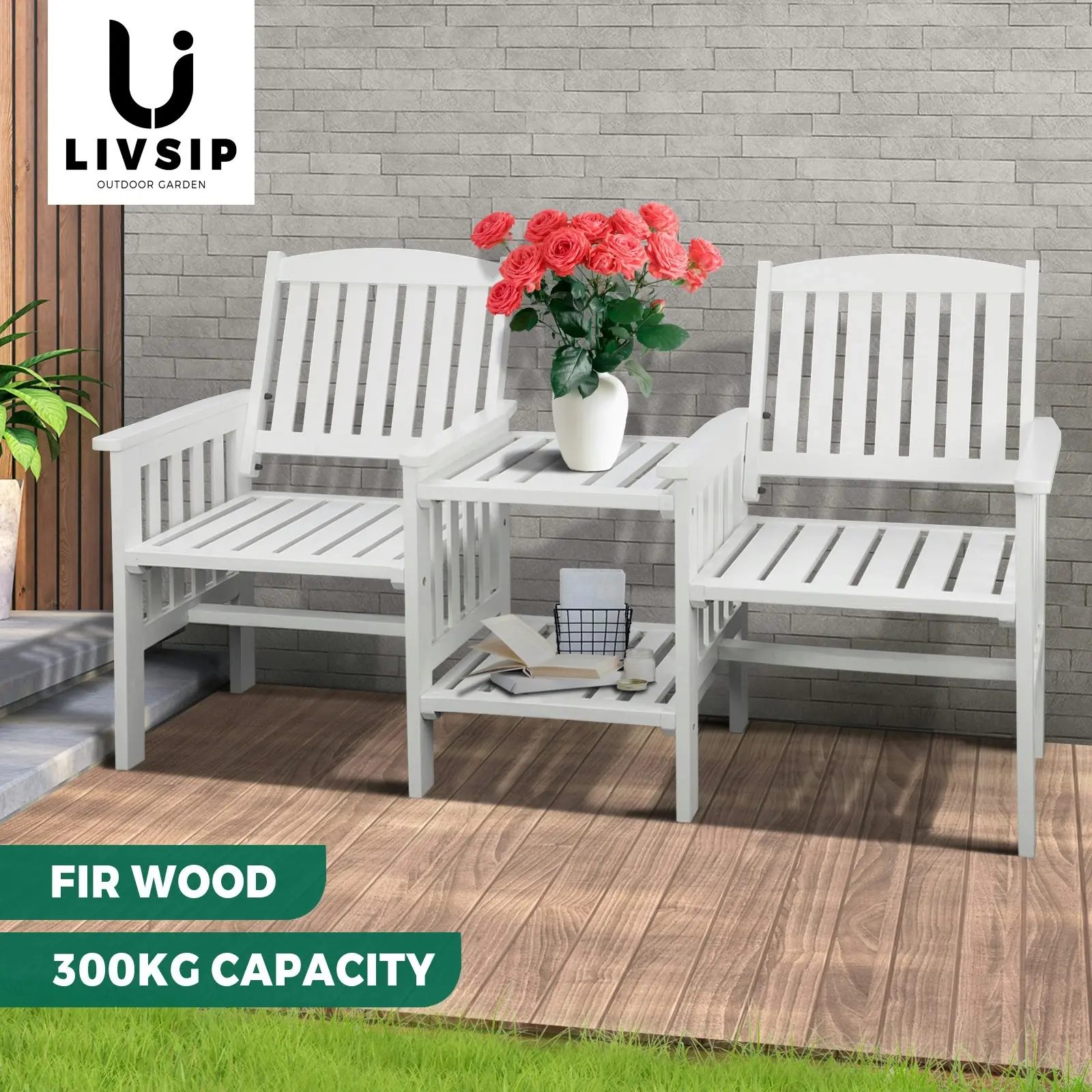 Livsip Wooden Garden Bench 2 Seat Chair & Table Outdoor Park Patio Furniture