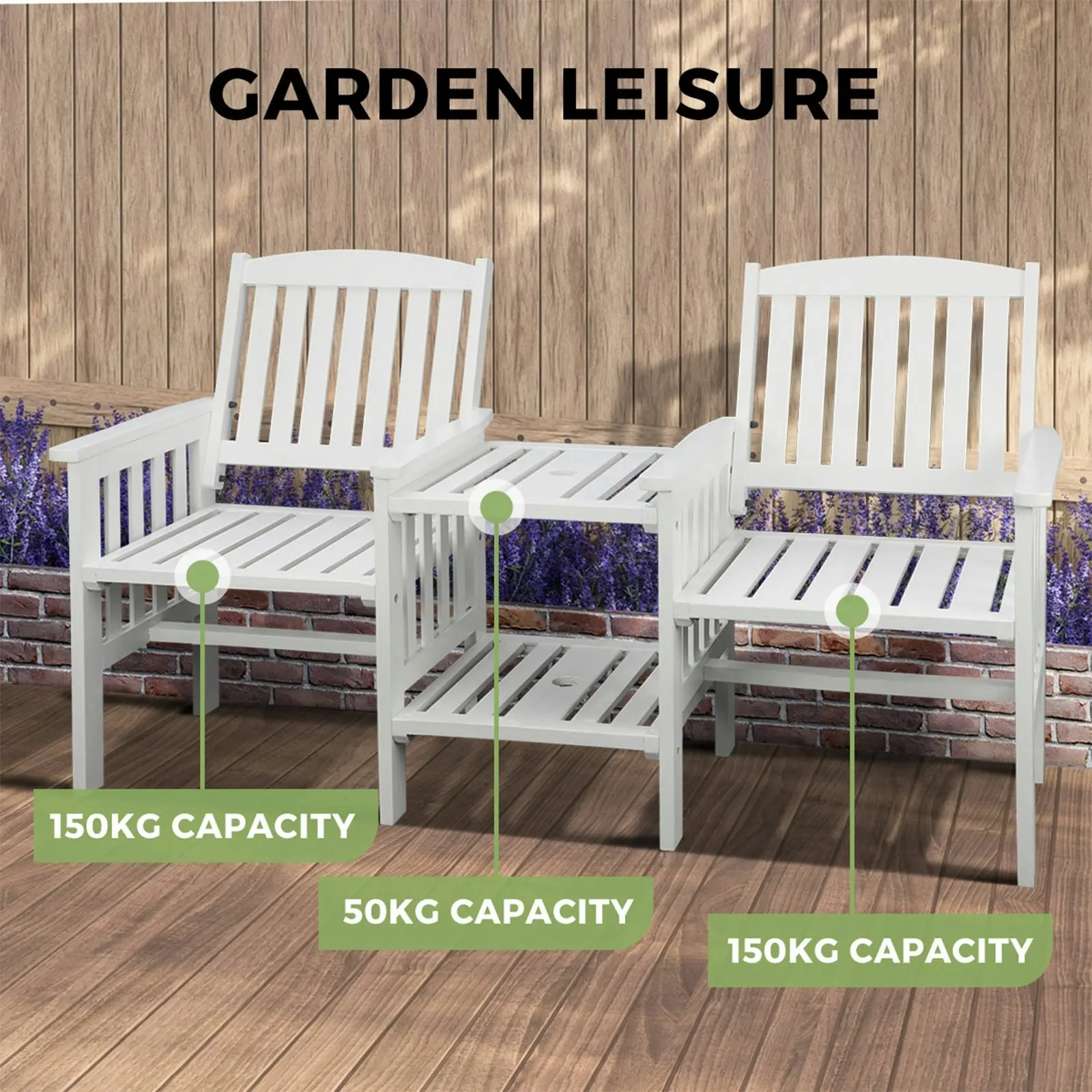 Livsip Wooden Garden Bench 2 Seat Chair & Table Outdoor Park Patio Furniture