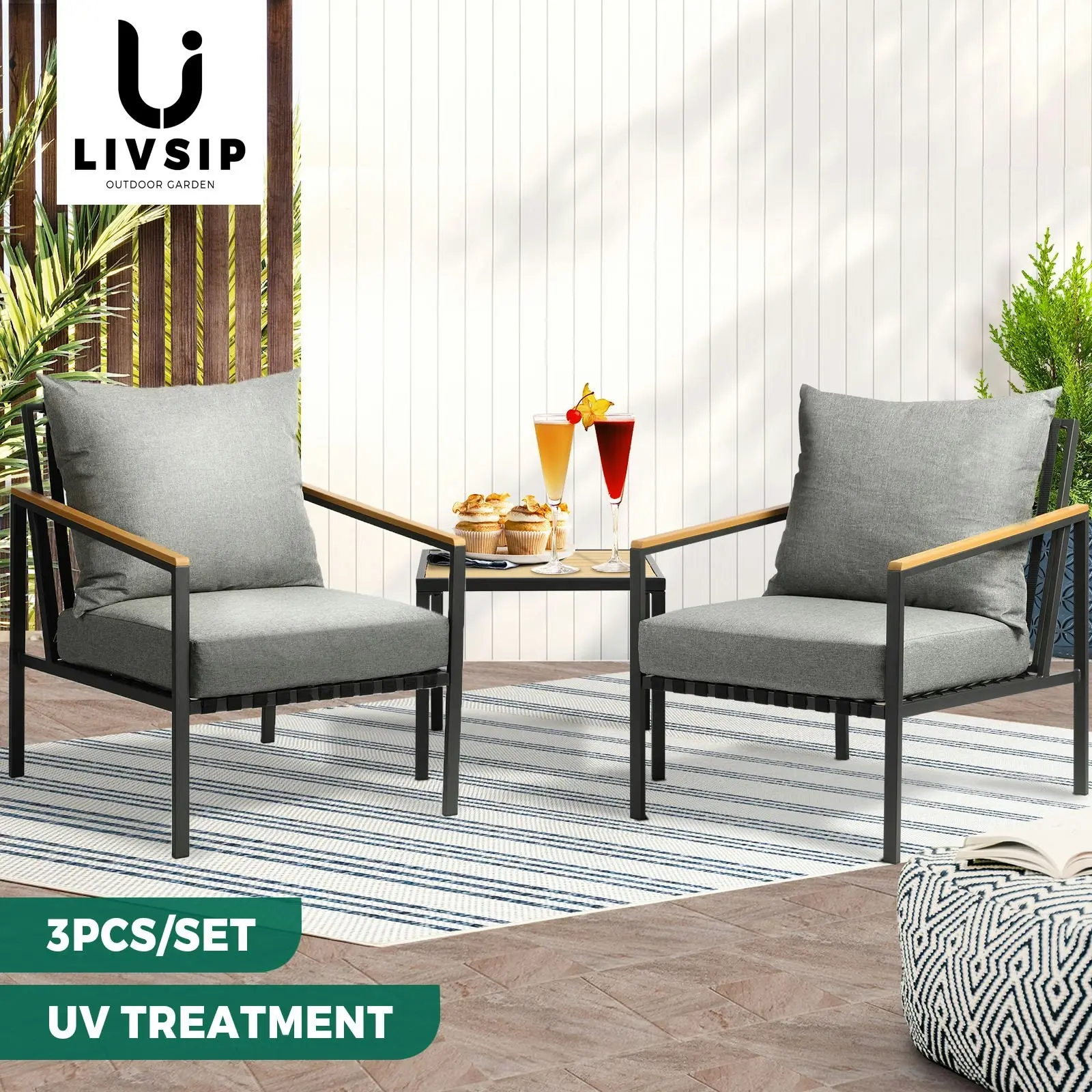 Livsip Outdoor Furniture 3 Piece Setting Garden Bistro Set Dining Chairs Patio