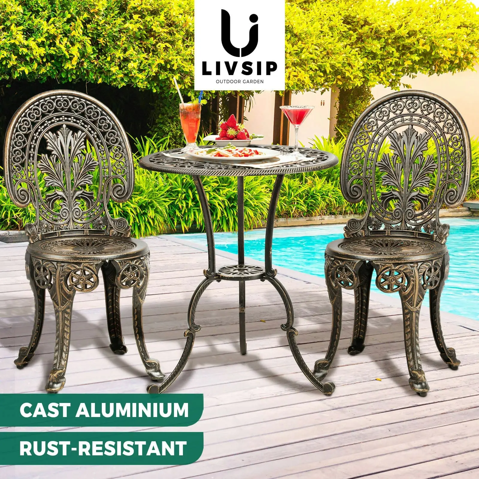 Livsip Outdoor Furniture Bistro Set 3pcs Chair Table Cast Aluminium Patio Garden