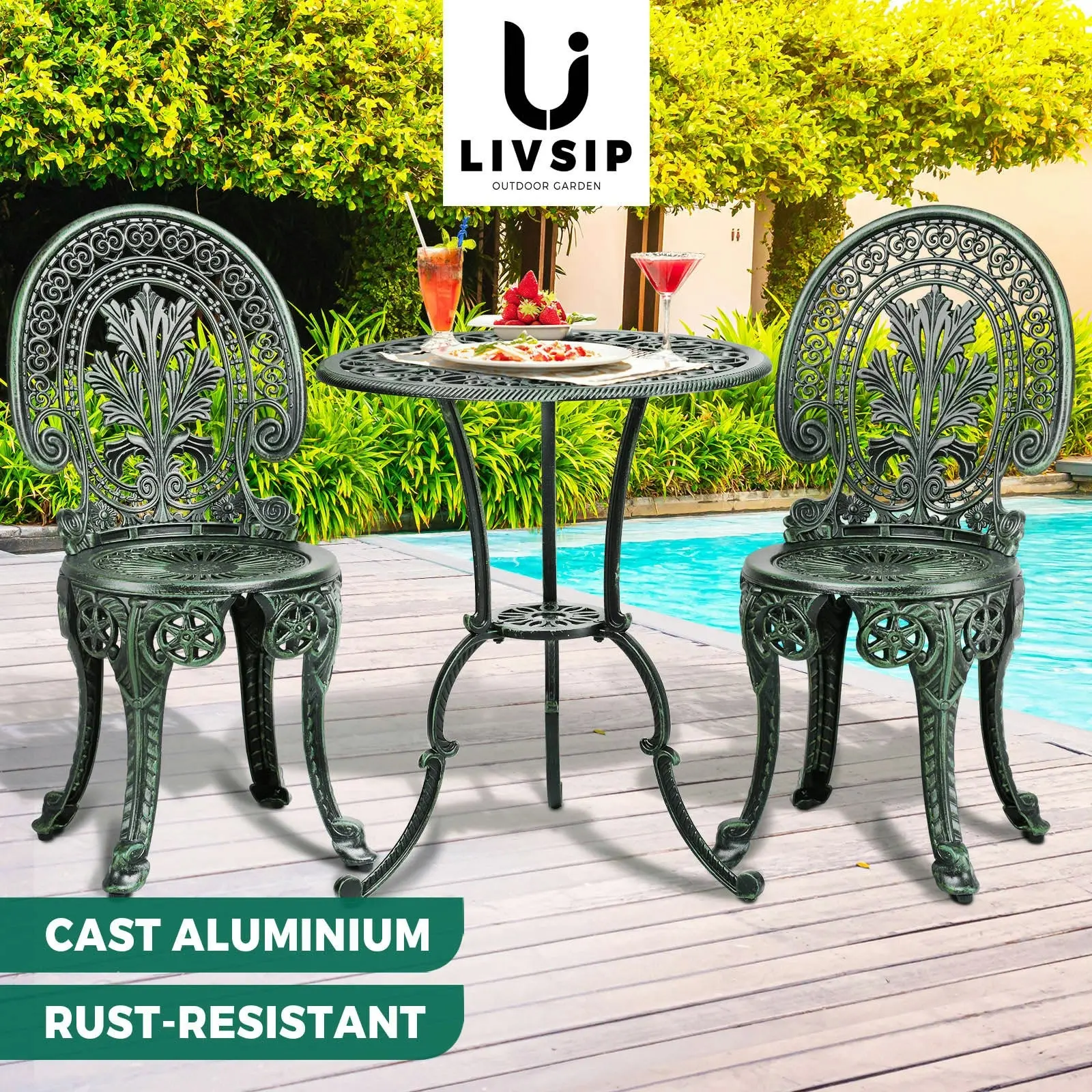 Livsip Bistro Setting Outdoor Cast Aluminium Table Chair Garden Furniture 3Piece