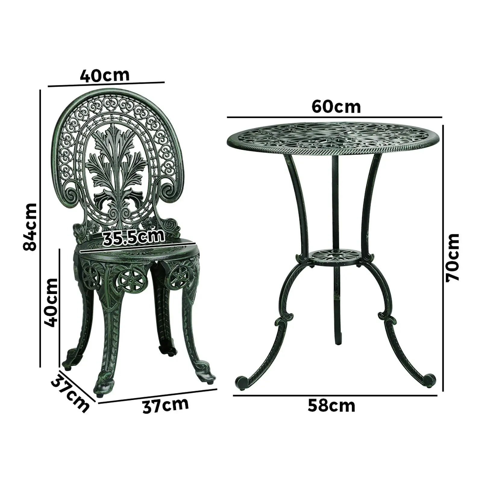 Livsip Bistro Setting Outdoor Cast Aluminium Table Chair Garden Furniture 3Piece