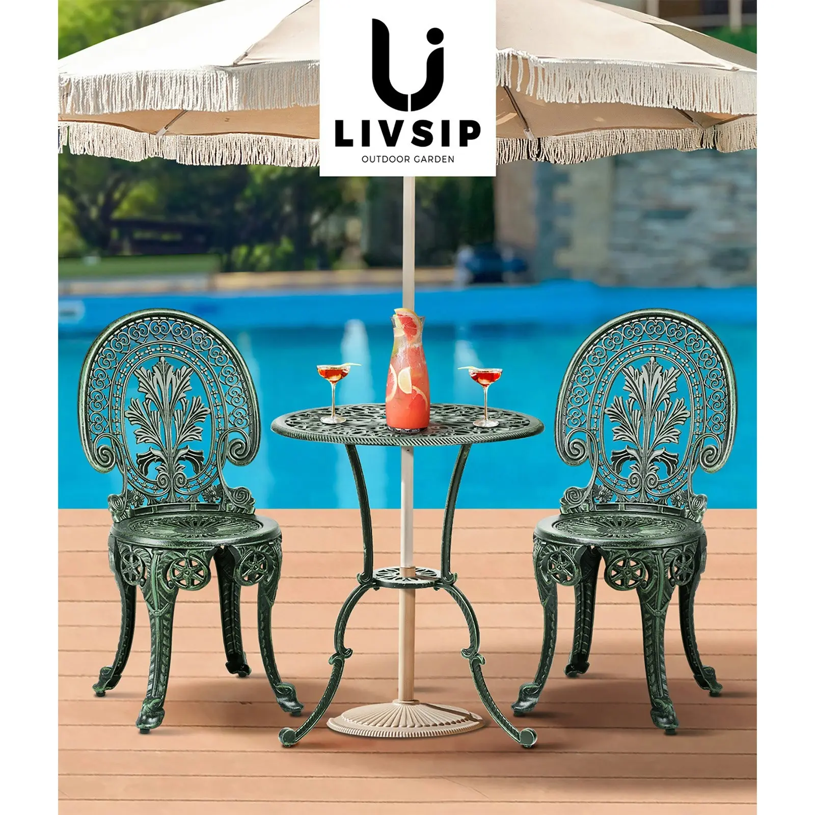 Livsip Bistro Setting Outdoor Cast Aluminium Table Chair Garden Furniture 3Piece