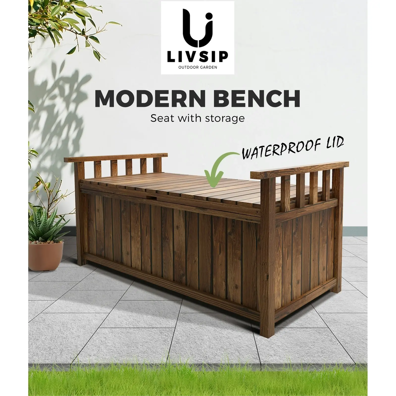 Livsip Outdoor Storage Box Garden Bench Wooden Chest Toy Tool Cabinet Furniture