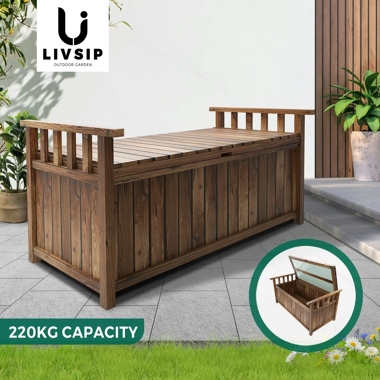 Livsip Outdoor Storage Box Garden Bench Wooden Chest Toy Tool Cabinet Furniture