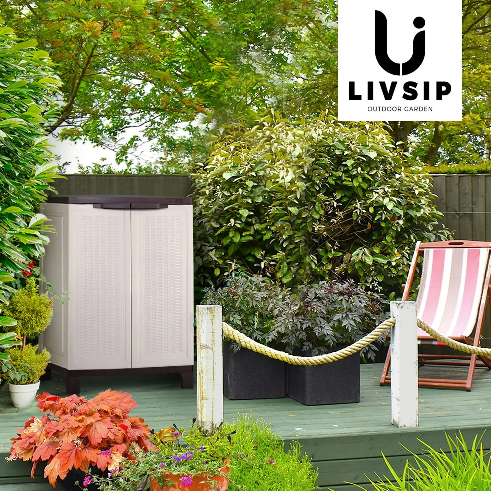 Livsip Outdoor Storage Cabinet Box Garden Garage Cupboard Adjustable Lockable Rattan