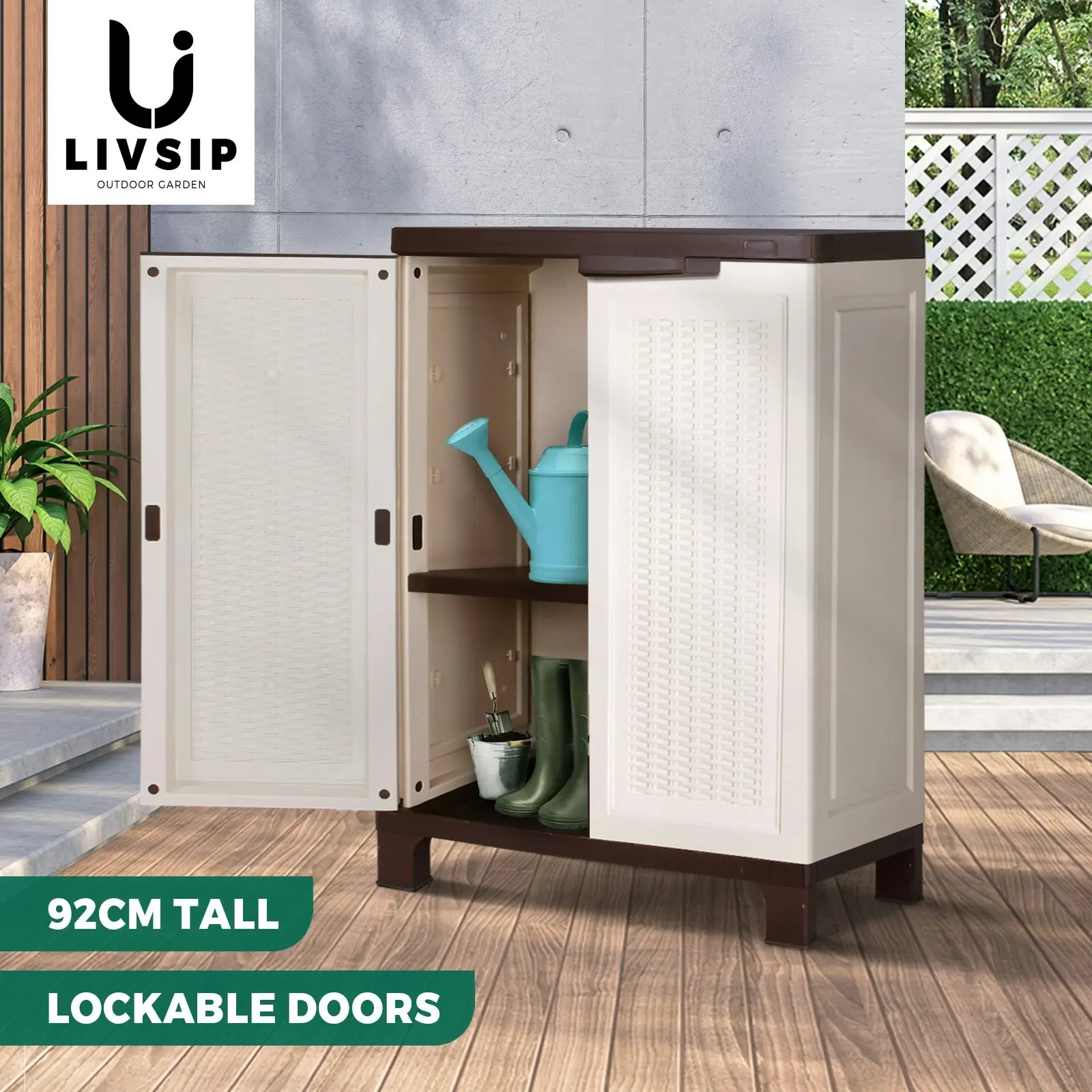 Livsip Outdoor Storage Cabinet Box Garden Garage Cupboard Adjustable Lockable Rattan