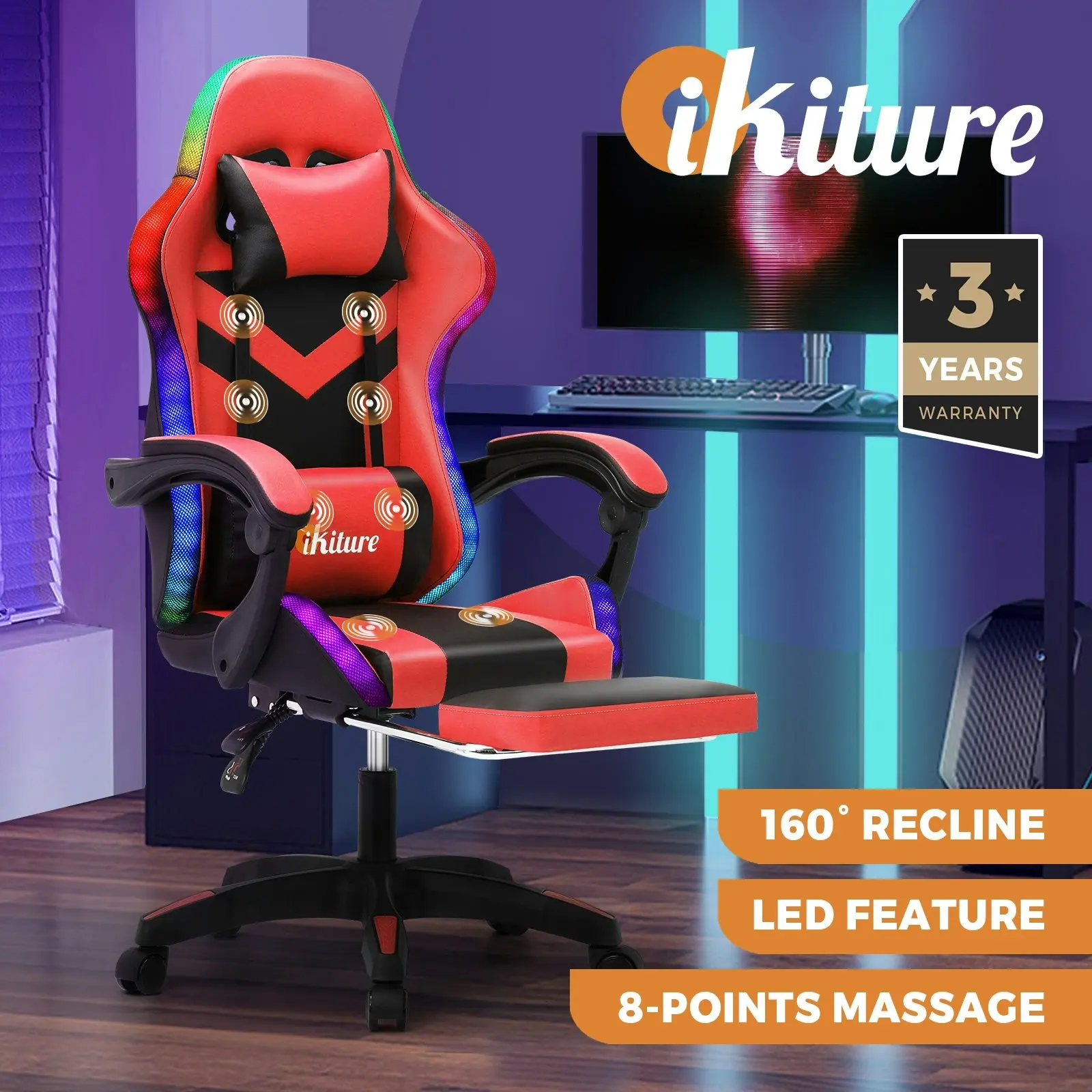 Oikiture Gaming Office Chair Massage Racing 7 RGB LED Computer Work Seat