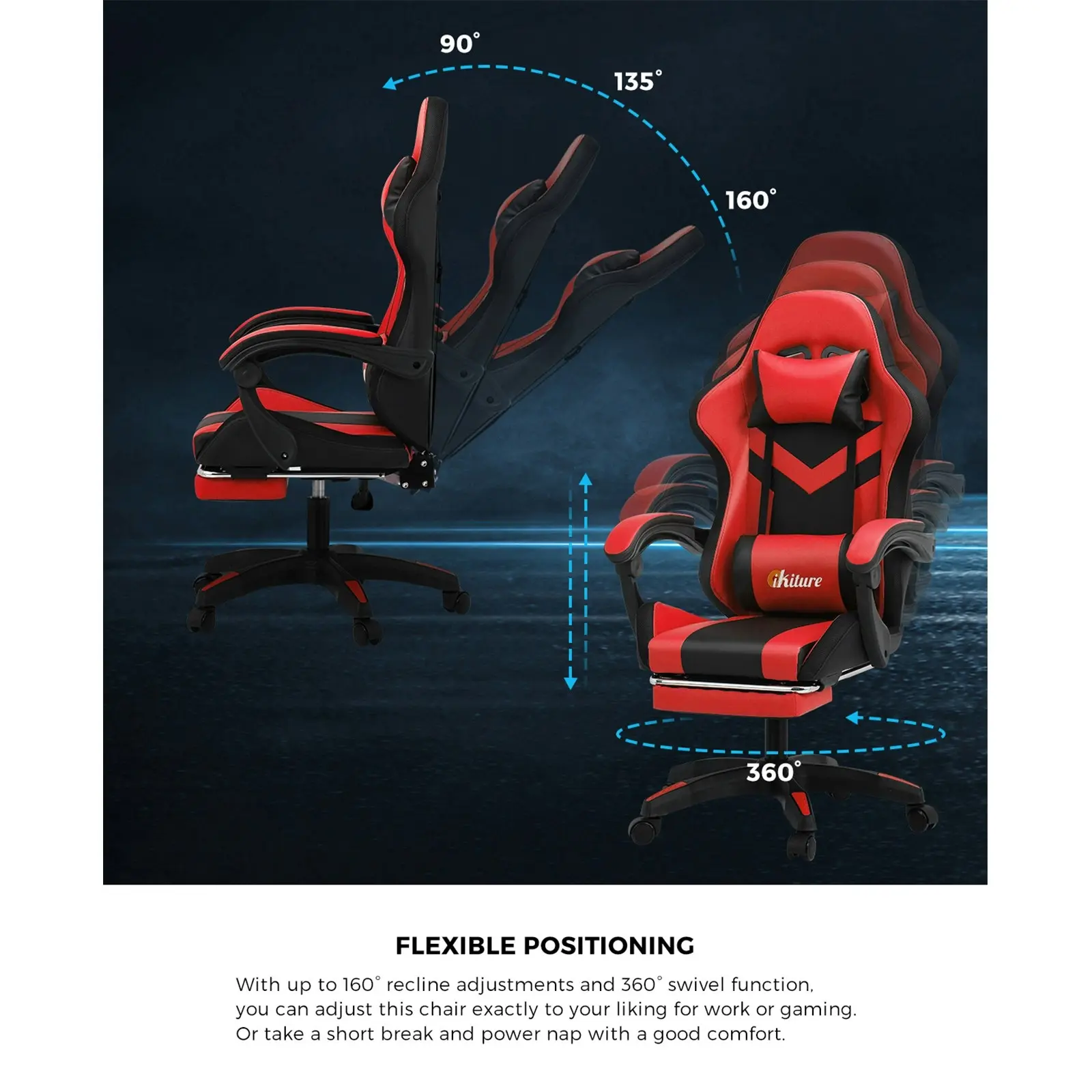 Oikiture Gaming Office Chair Massage Racing 7 RGB LED Computer Work Seat