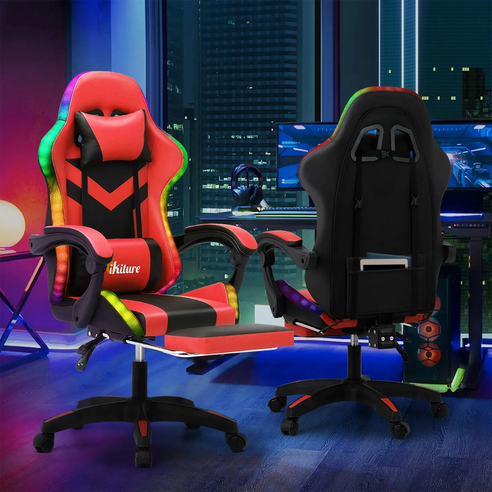 Oikiture Gaming Office Chair Massage Racing 7 RGB LED Computer Work Seat