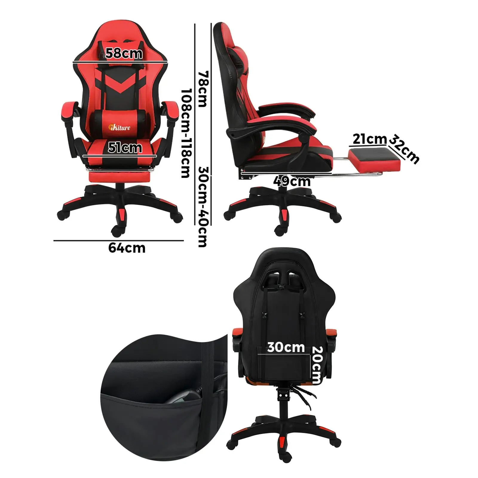 Oikiture Gaming Office Chair Massage Racing 7 RGB LED Computer Work Seat