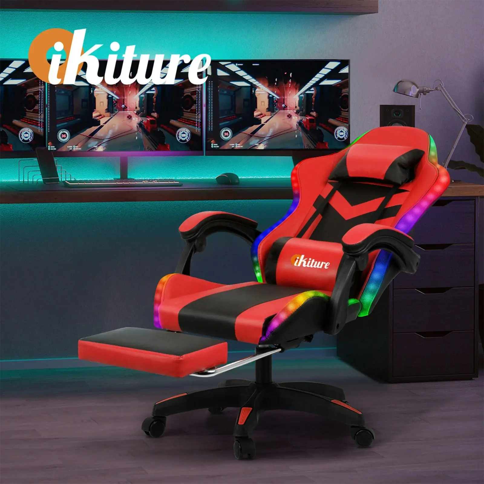 Oikiture Gaming Office Chair Massage Racing 7 RGB LED Computer Work Seat