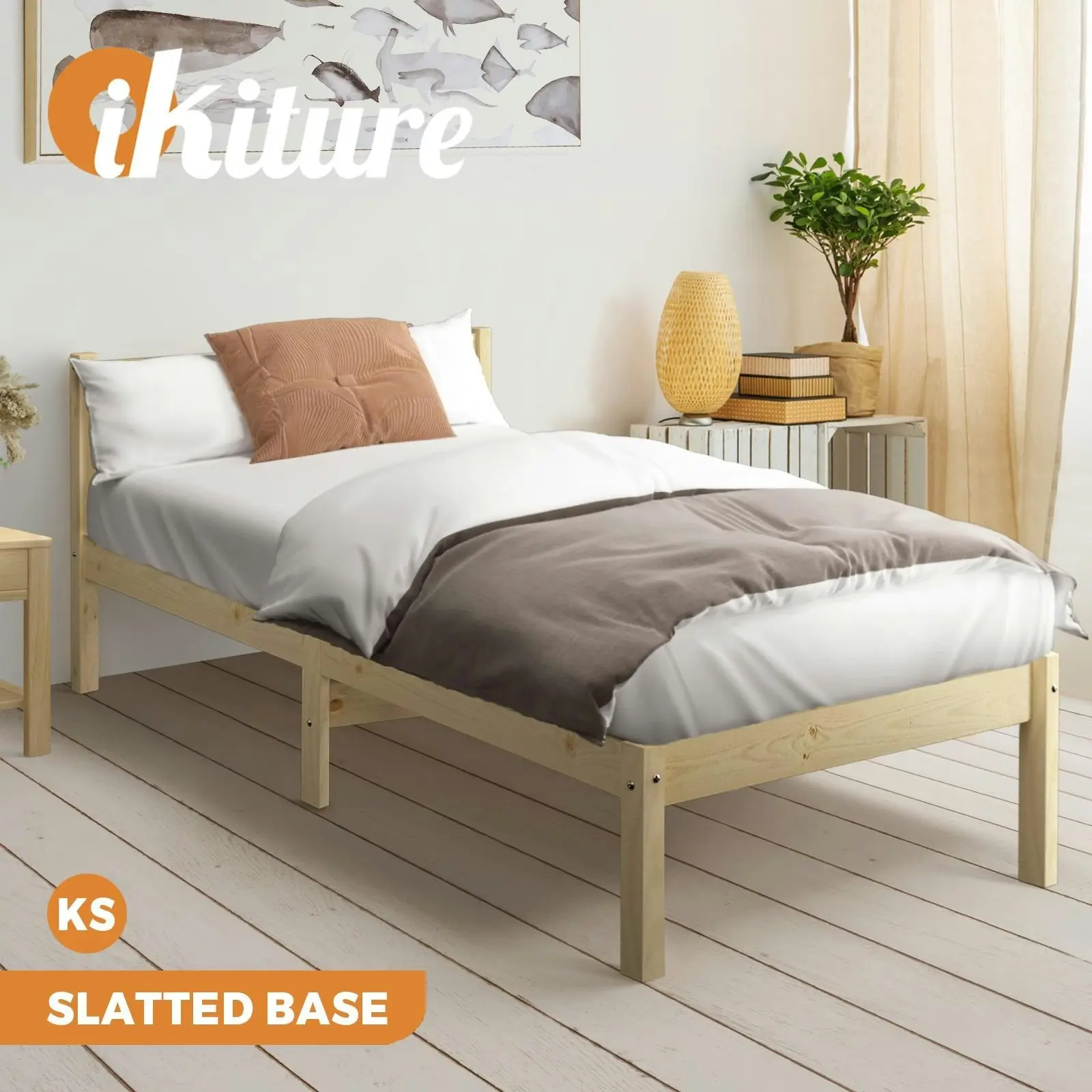 Oikiture Bed Frame King Single Size Wood Timber Mattress Base Platform Headboard