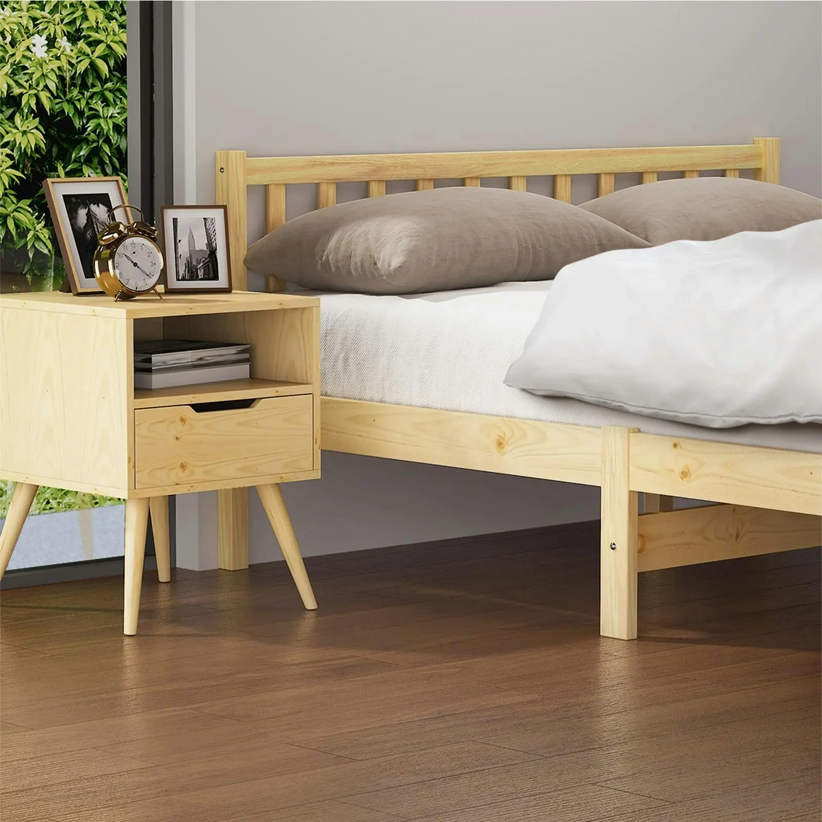 Oikiture Bed Frame Double Size Wood Mattress Base Wooden Timber Platform Bedroom