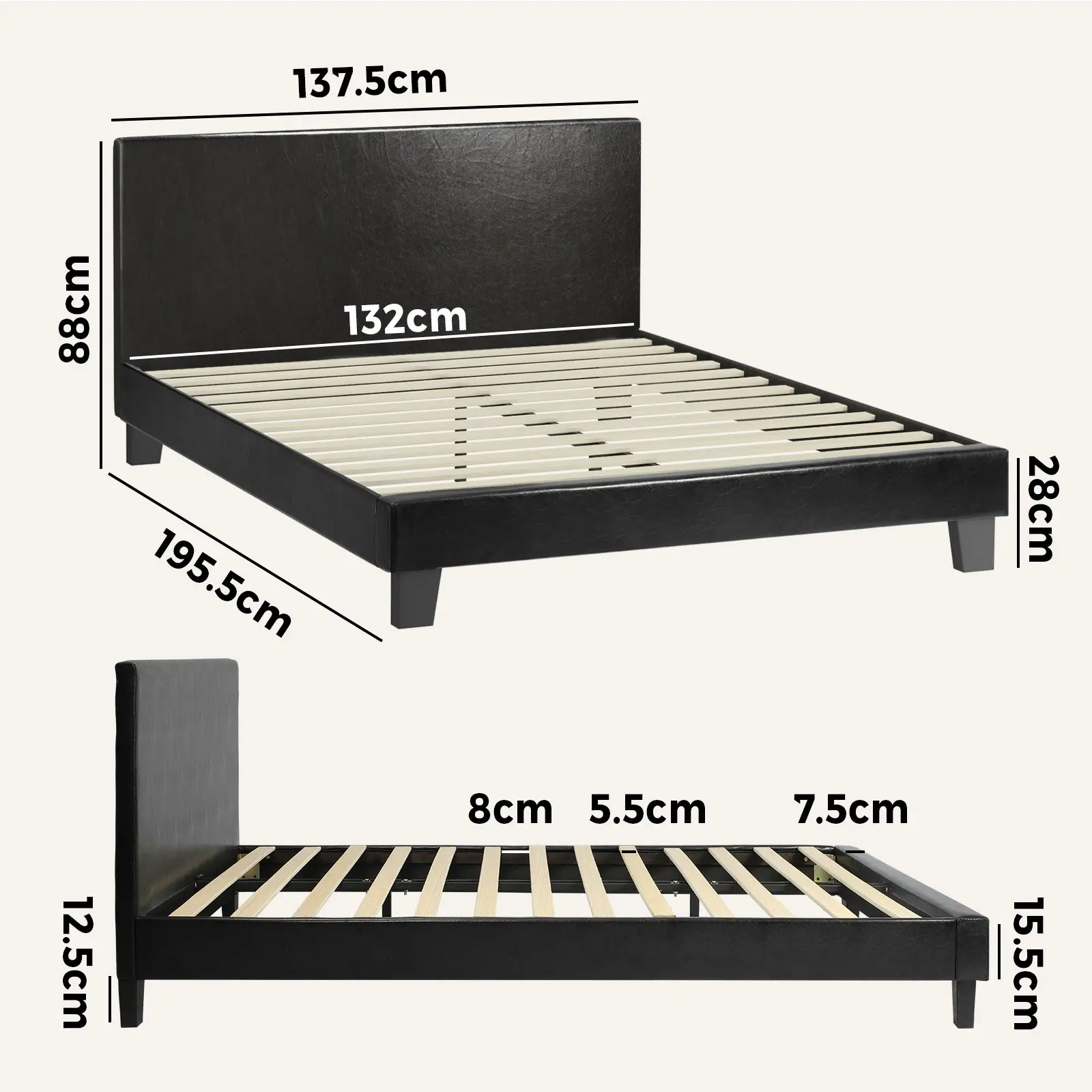 Oikiture Bed Frame Double Size Base Mattress Platform Leather Wooden Slats Black