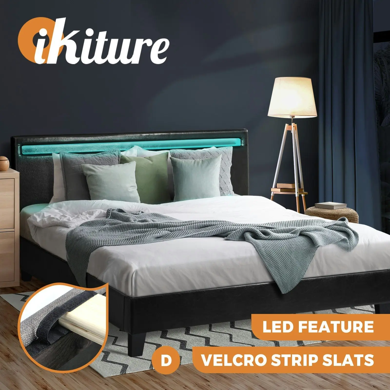 Oikiture Bed Frame RGB LED Double Size Mattress Base Platform Wooden PU Leather