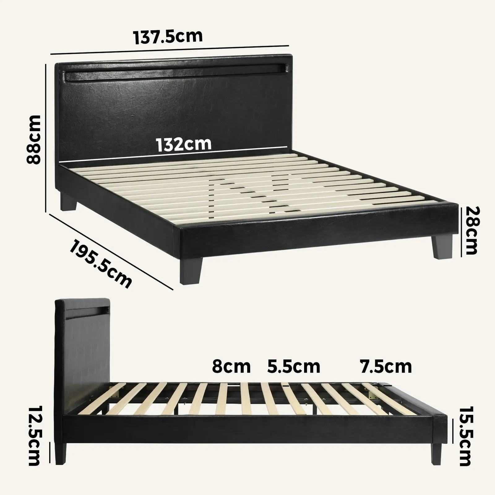 Oikiture Bed Frame RGB LED Double Size Mattress Base Platform Wooden PU Leather