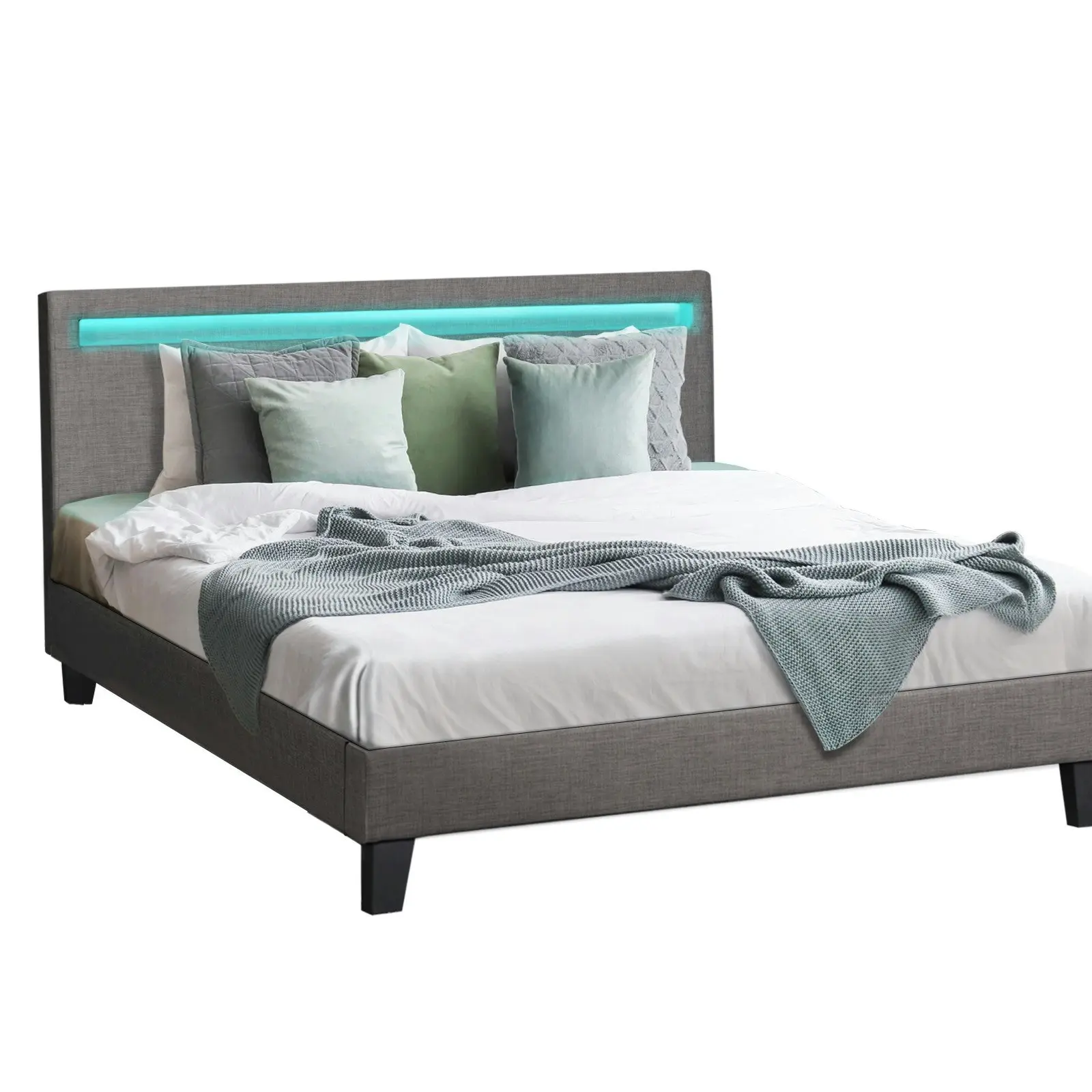 Oikiture Bed Frame RGB LED Double Size Mattress Base Platform Wooden Grey Fabric