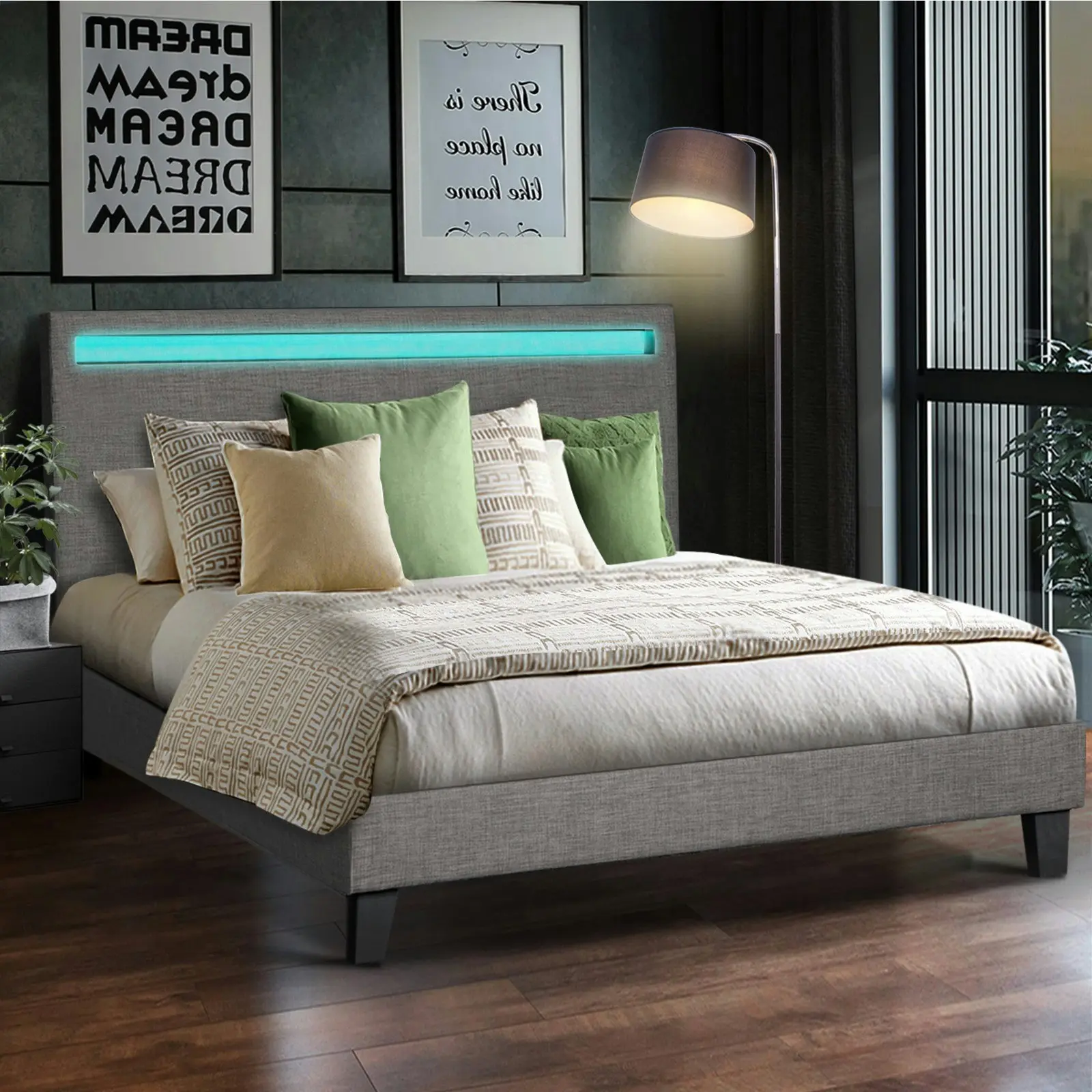 Oikiture Bed Frame RGB LED Double Size Mattress Base Platform Wooden Grey Fabric