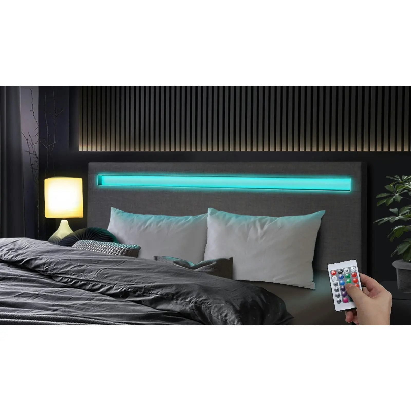 Oikiture Bed Frame RGB LED Double Size Mattress Base Platform Wooden Grey Fabric