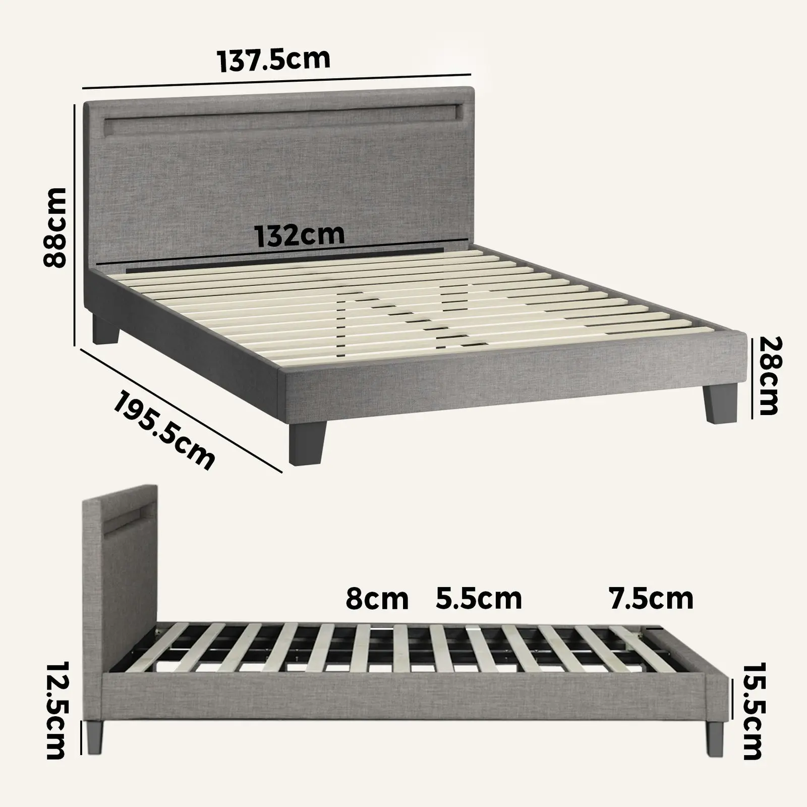 Oikiture Bed Frame RGB LED Double Size Mattress Base Platform Wooden Grey Fabric