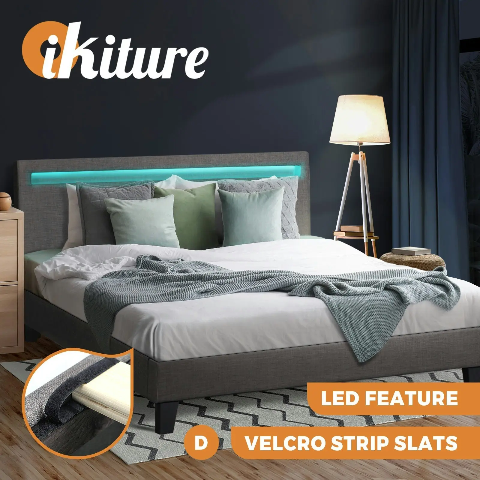 Oikiture Bed Frame RGB LED Double Size Mattress Base Platform Wooden Grey Fabric