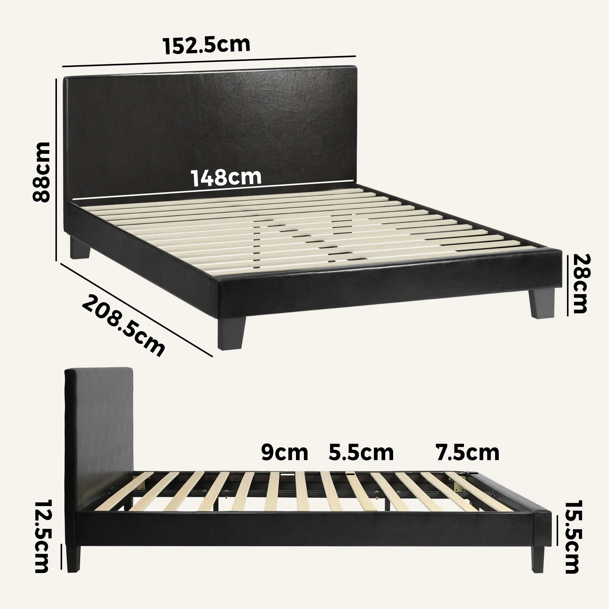 Oikiture Bed Frame Queen Size Base Mattress Platform Leather Wooden Slats Black