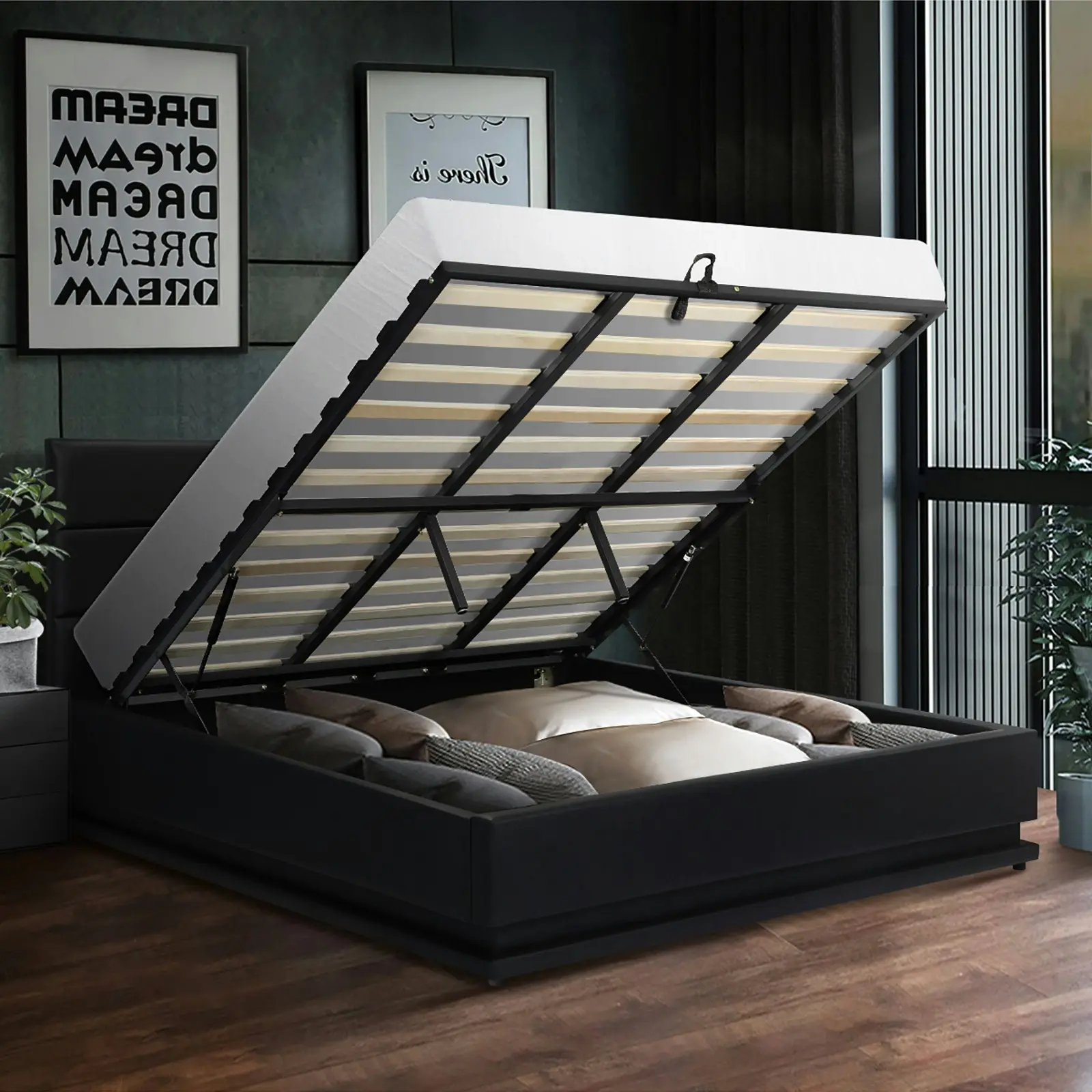 Oikiture RGB LED Bed Frame King Size Gas Lift Base With Storage Black Leather