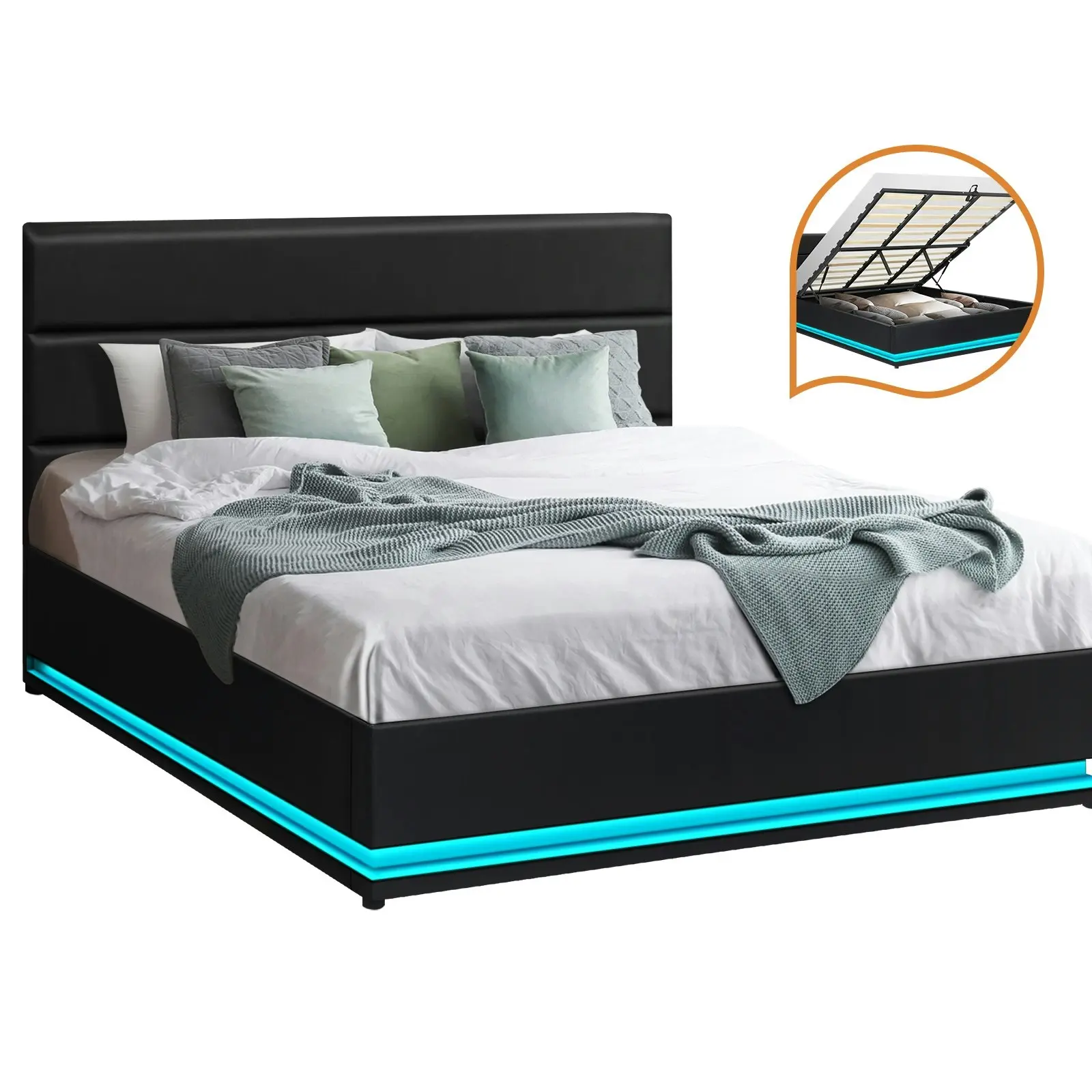 Oikiture RGB LED Bed Frame King Size Gas Lift Base With Storage Black Leather