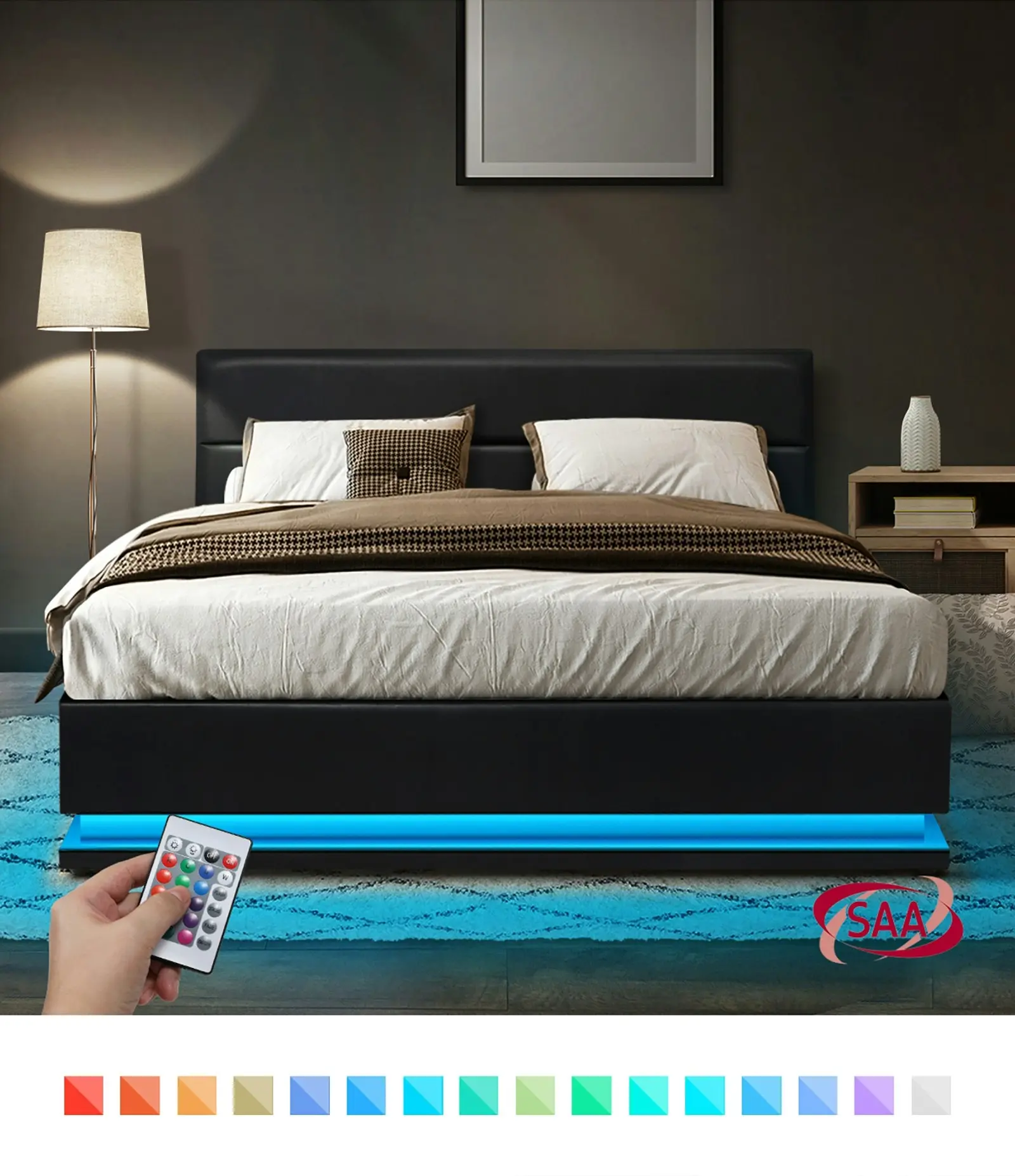 Oikiture RGB LED Bed Frame King Size Gas Lift Base With Storage Black Leather