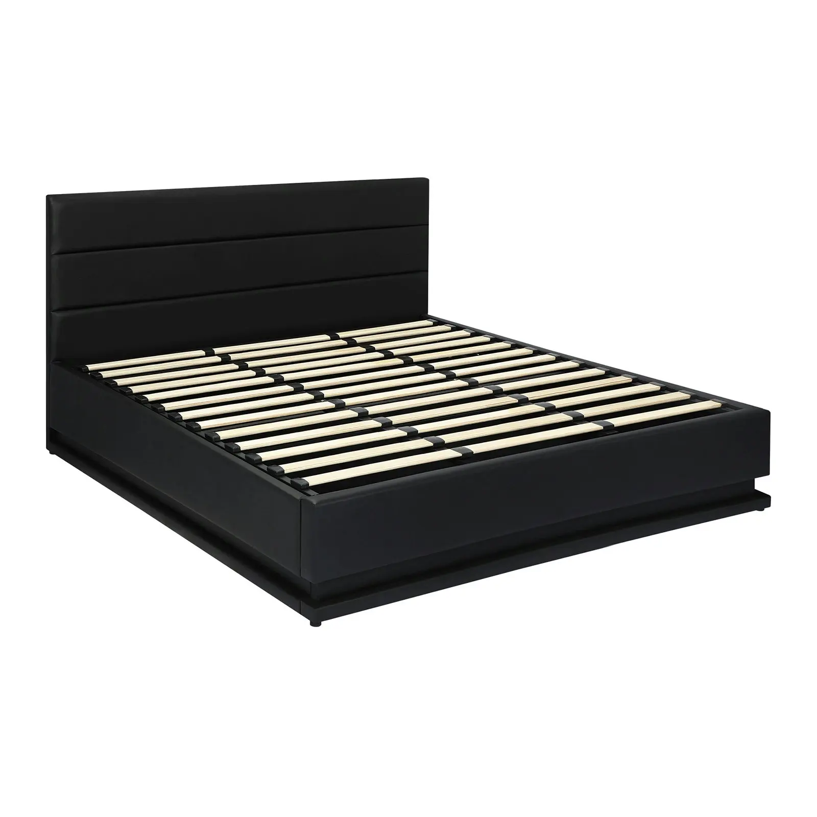 Oikiture RGB LED Bed Frame King Size Gas Lift Base With Storage Black Leather